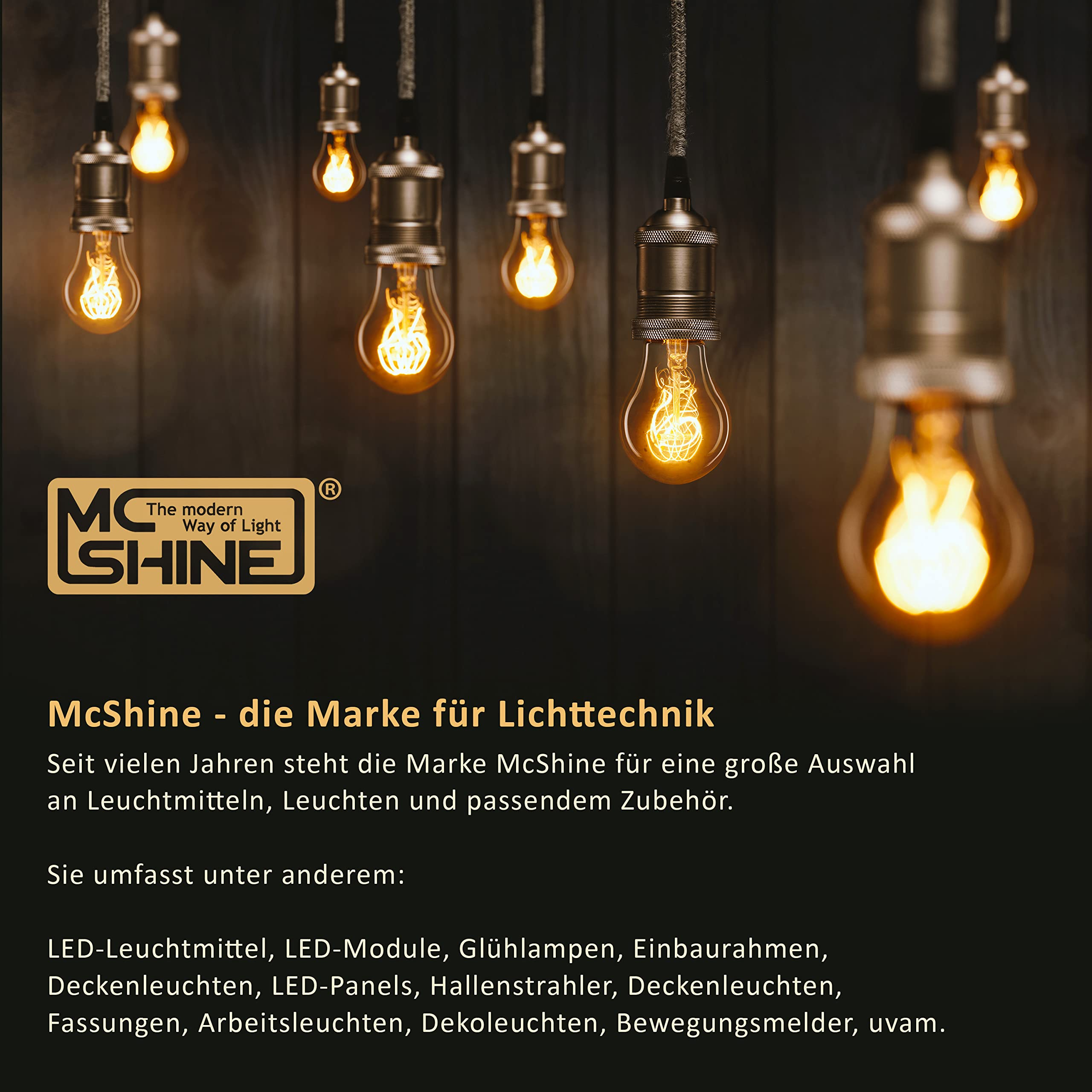 Eine Werbung mit Hängelampen und Text: McShine- die Marke für Beleuchtung.