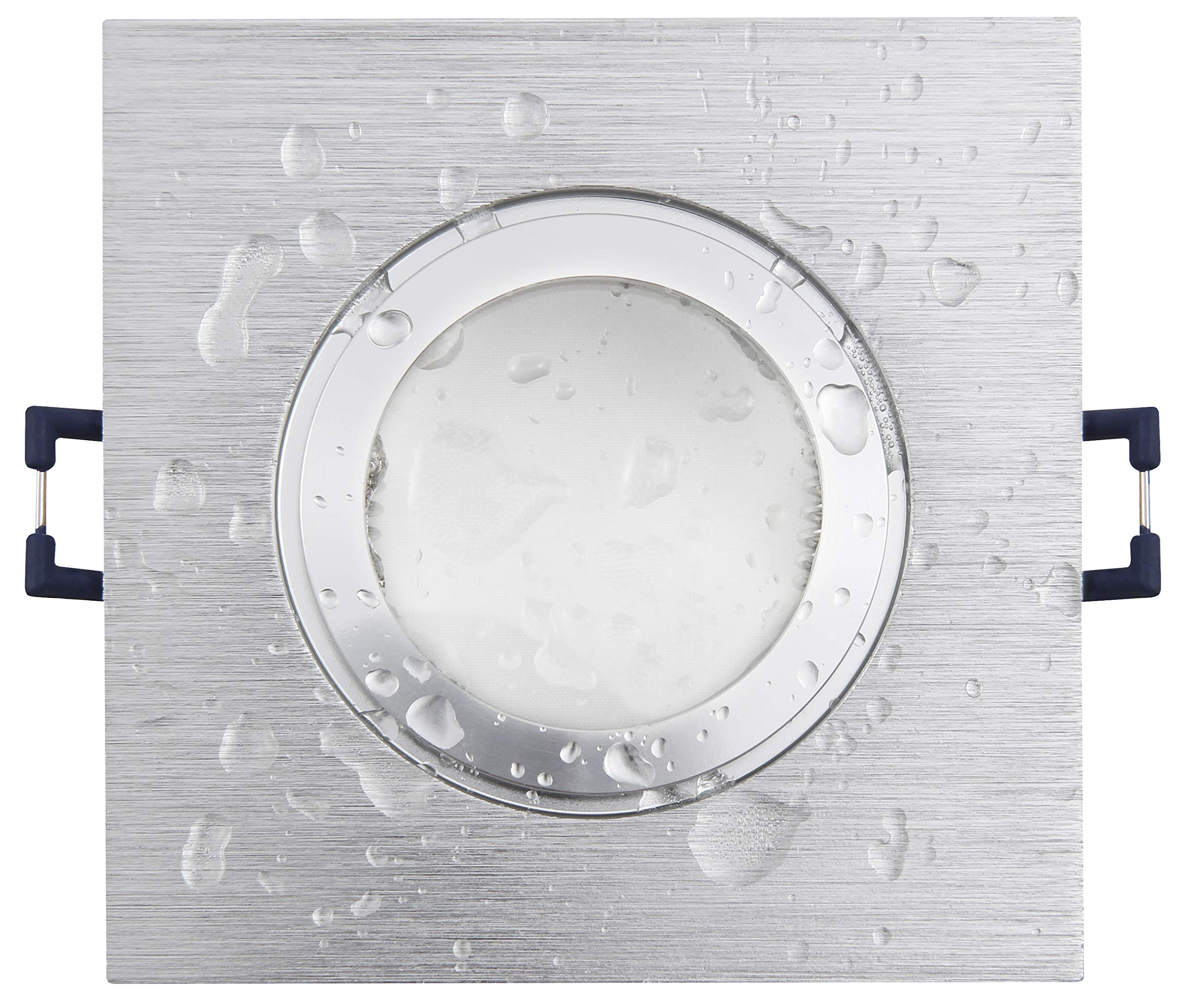 Eine quadratische Metallleuchte mit rundem Licht und Wassertropfen.