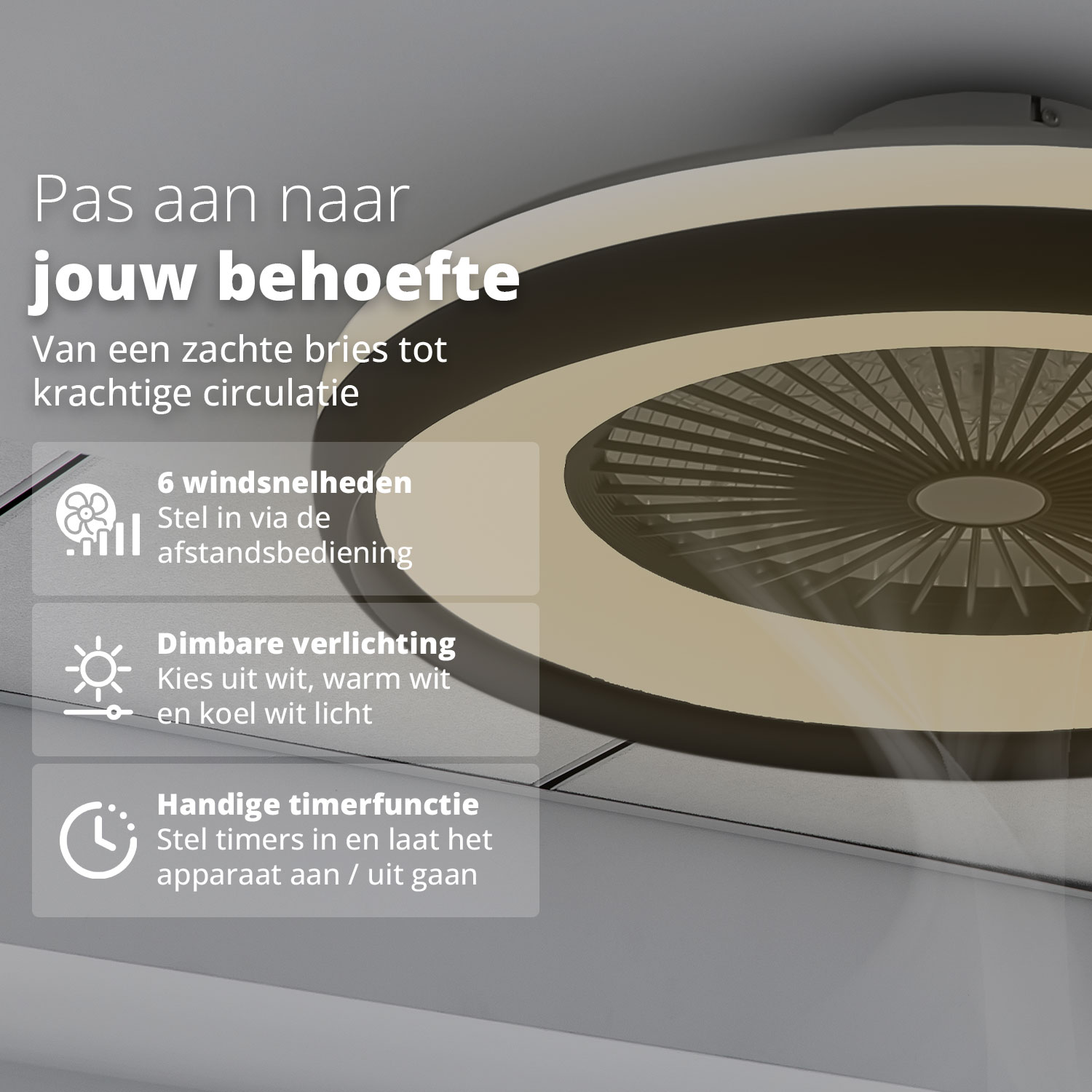 Ventilateur de plafond avec lumière, montrant des étiquettes de texte en néerlandais.
