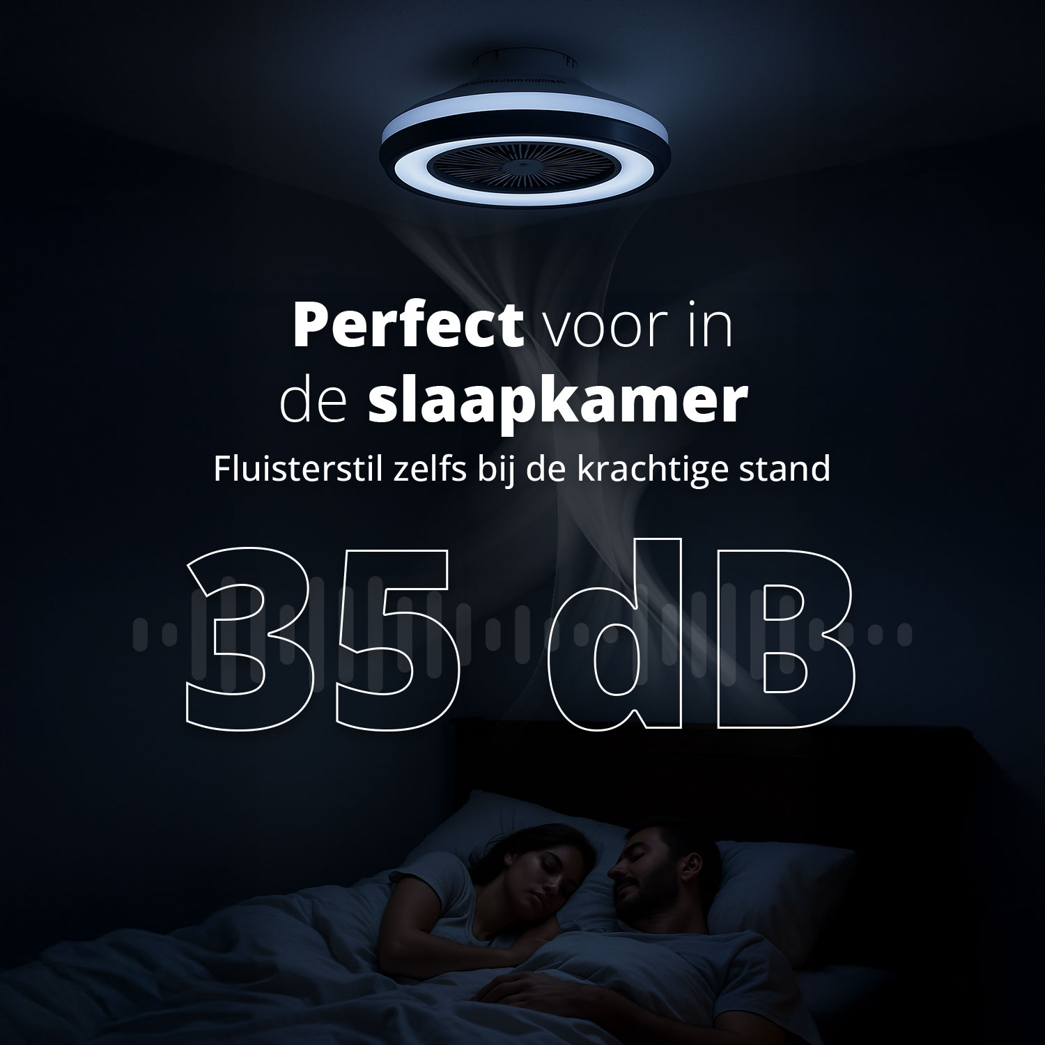 Ventilateur de plafond avec lumières au-dessus d'un lit. Texte : Parfait pour la chambre, 35 dB.
