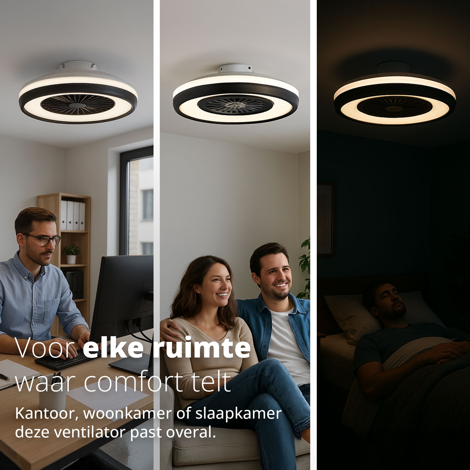 Ventilateur de plafond avec lumières dans une pièce, avec des personnes dans différents contextes.