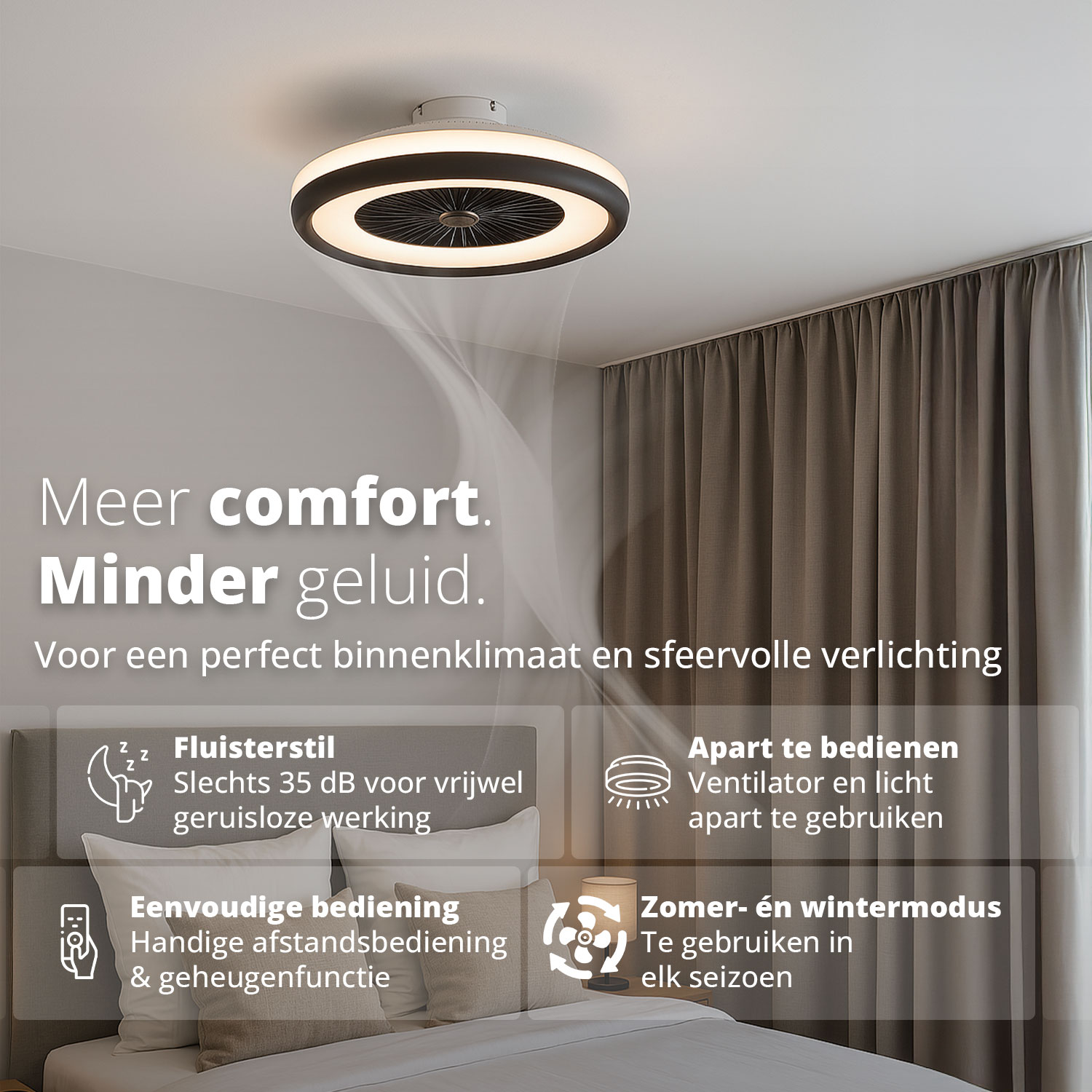 Ventilateur de plafond avec des informations sur le fonctionnement silencieux et les caractéristiques de confort.