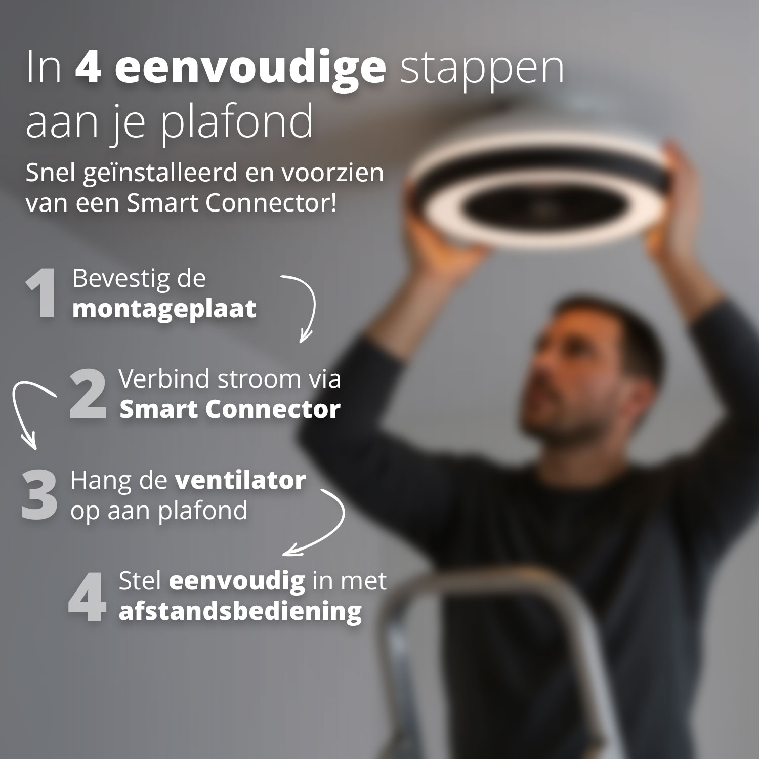 Personne installant un ventilateur de plafond, avec les étapes du processus d'installation.