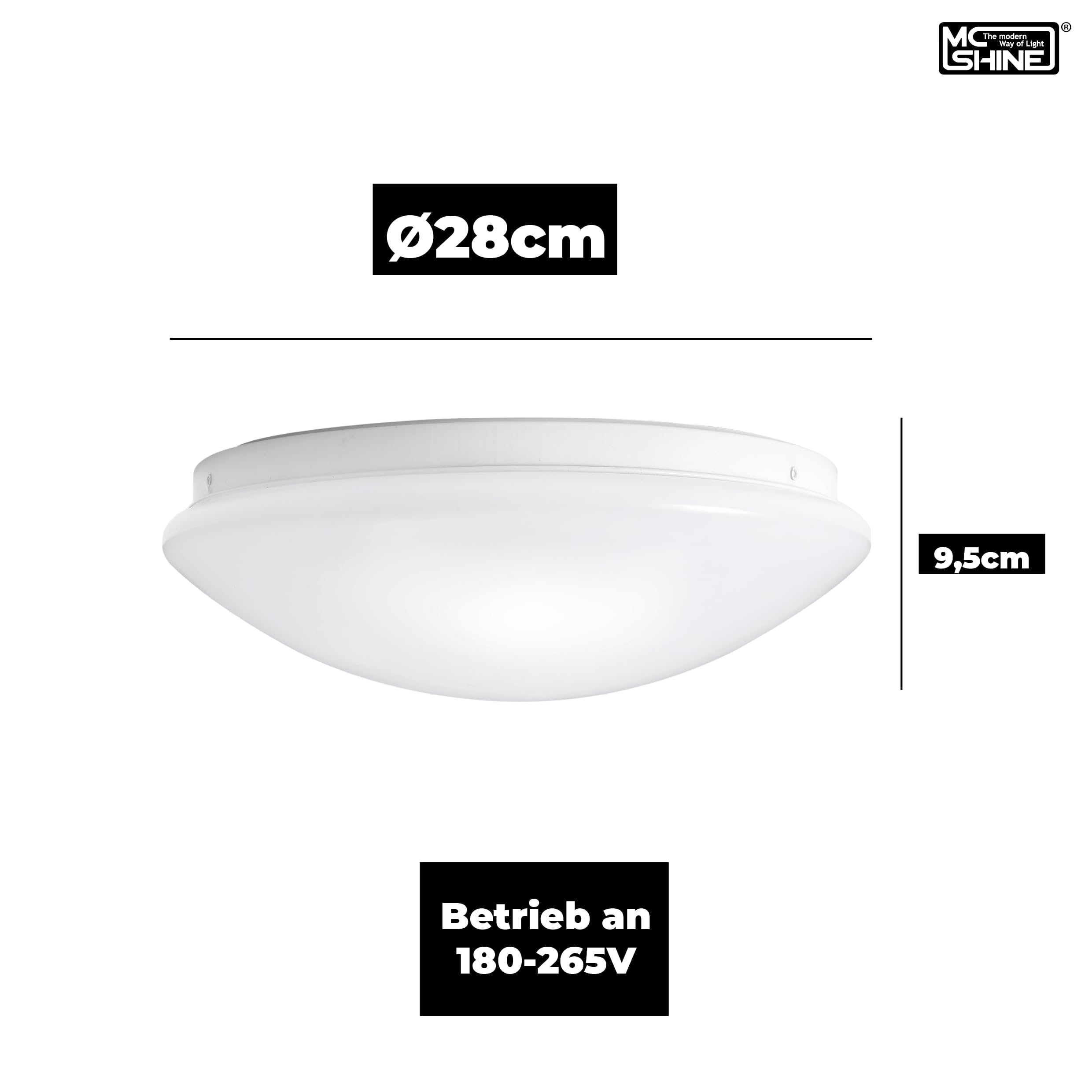 Weiße Deckenlampe mit Abmessungen und Spannungsangaben, weißer Hintergrund.