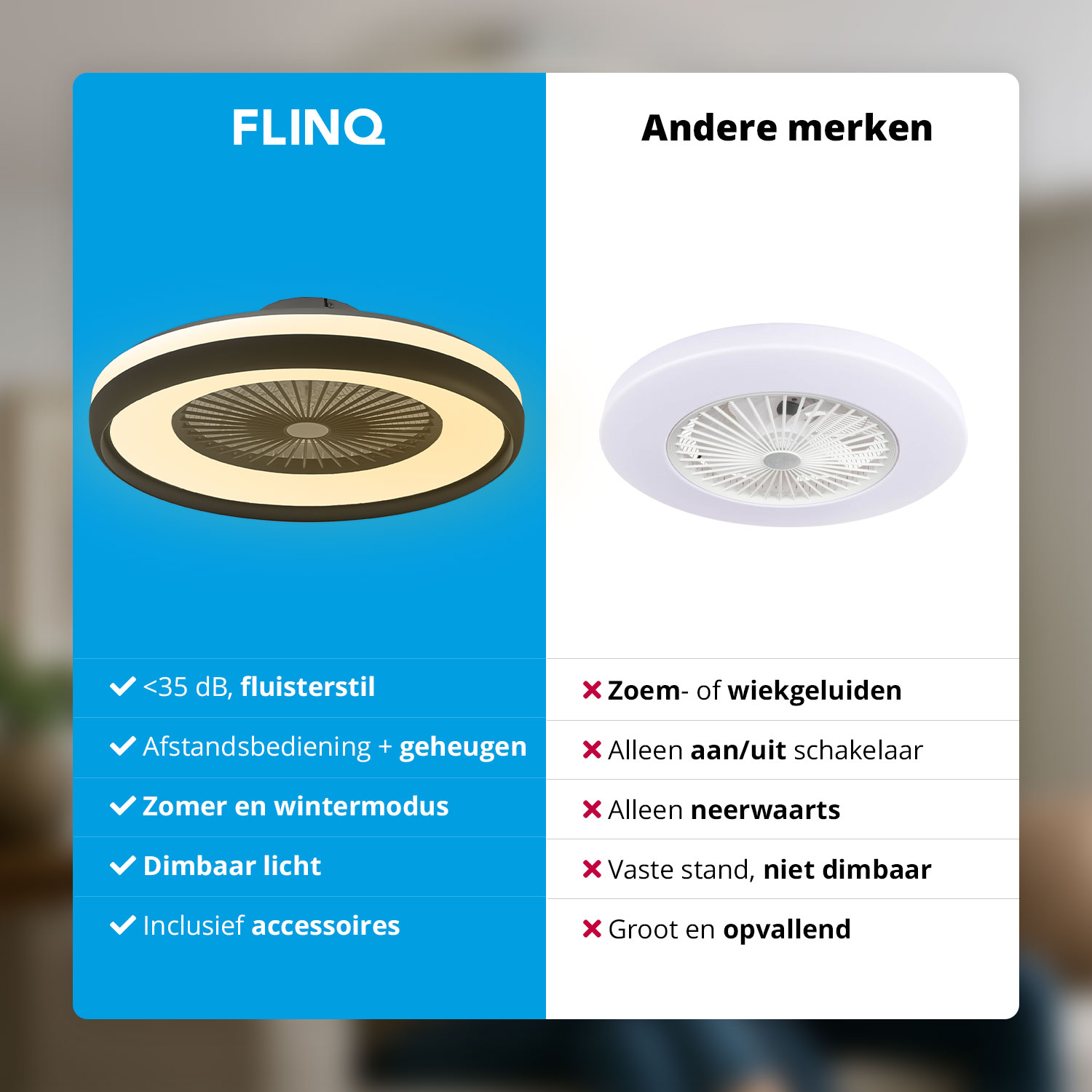Comparaison des caractéristiques du ventilateur de plafond FLINQ avec d'autres marques.