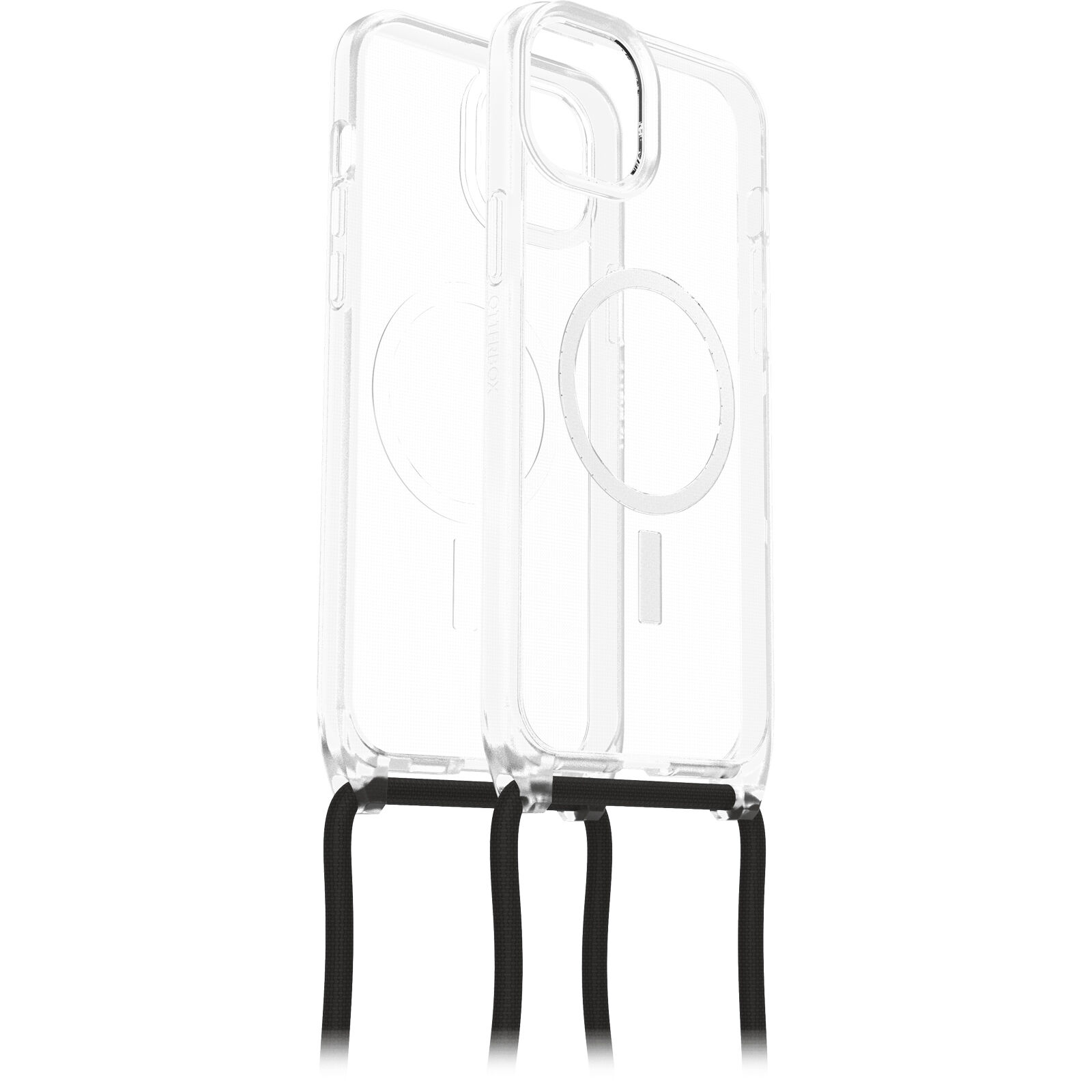 Zwei durchsichtige iPhone-Hüllen mit einem schwarzen Umhängeband.