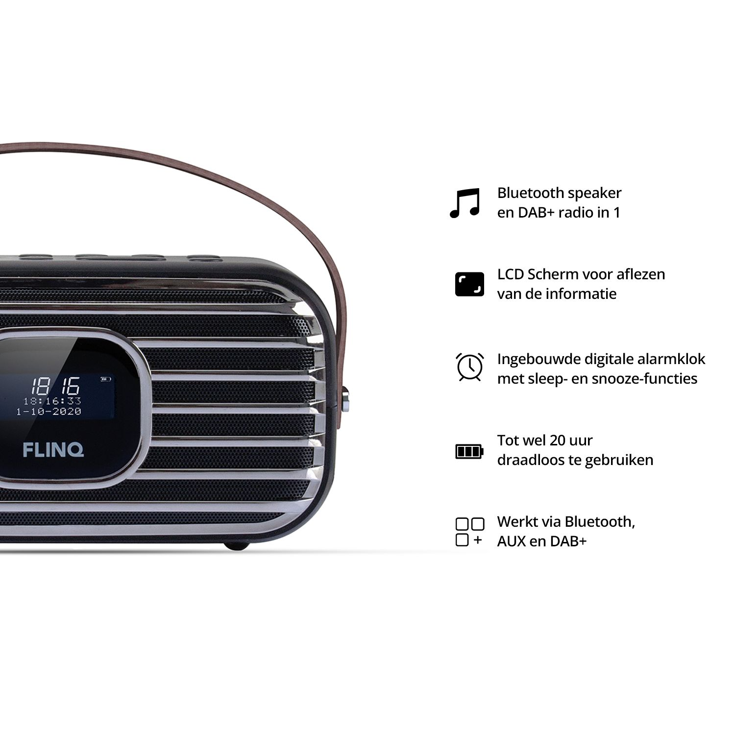 A black retro radio with a handle and text is shown.