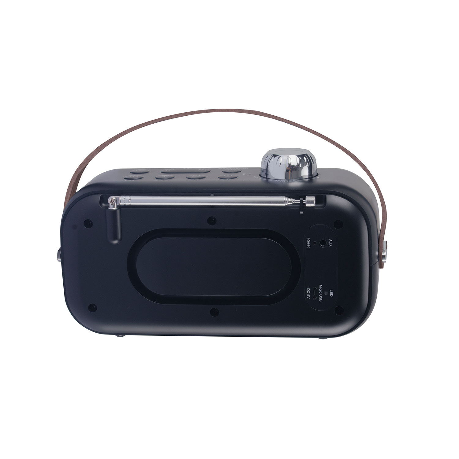 Back view of a black retro radio with antenna and connection ports.