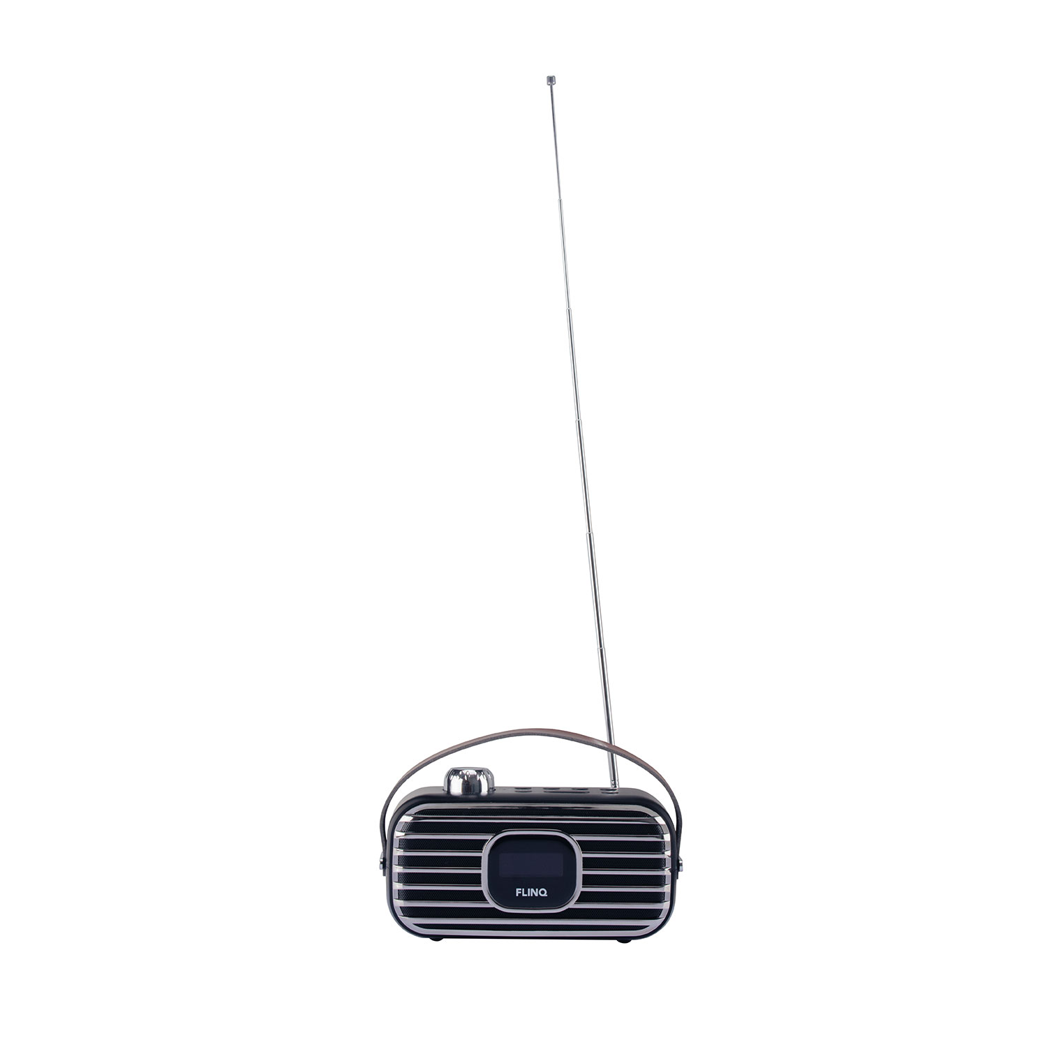Black retro radio with an antenna extended, isolated on white background.