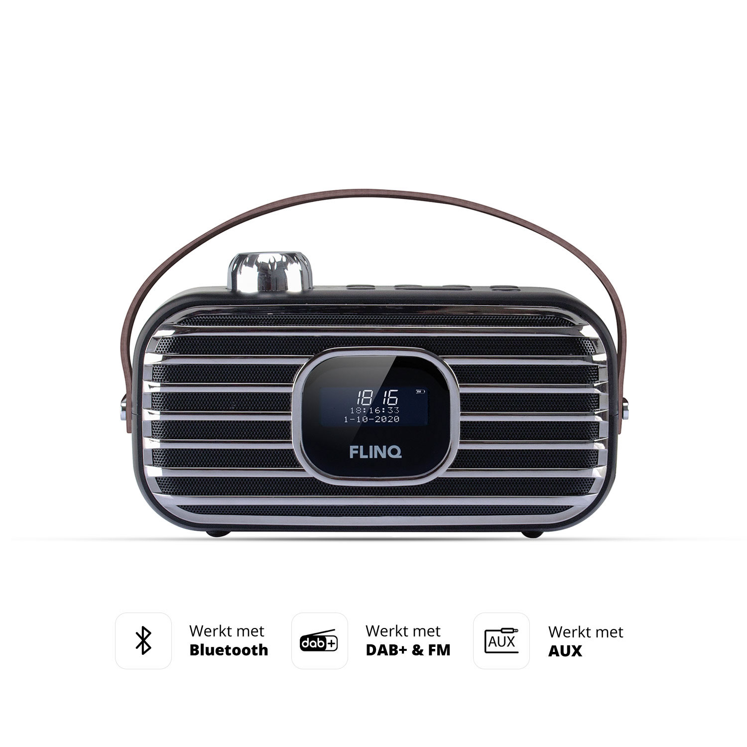 A black retro-style radio with a digital display on a white surface.
