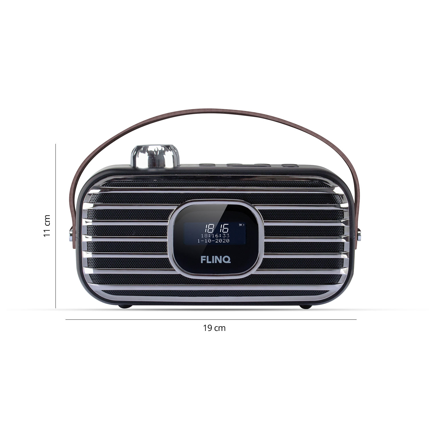 Black retro radio with display showing time and dimensions in cm.