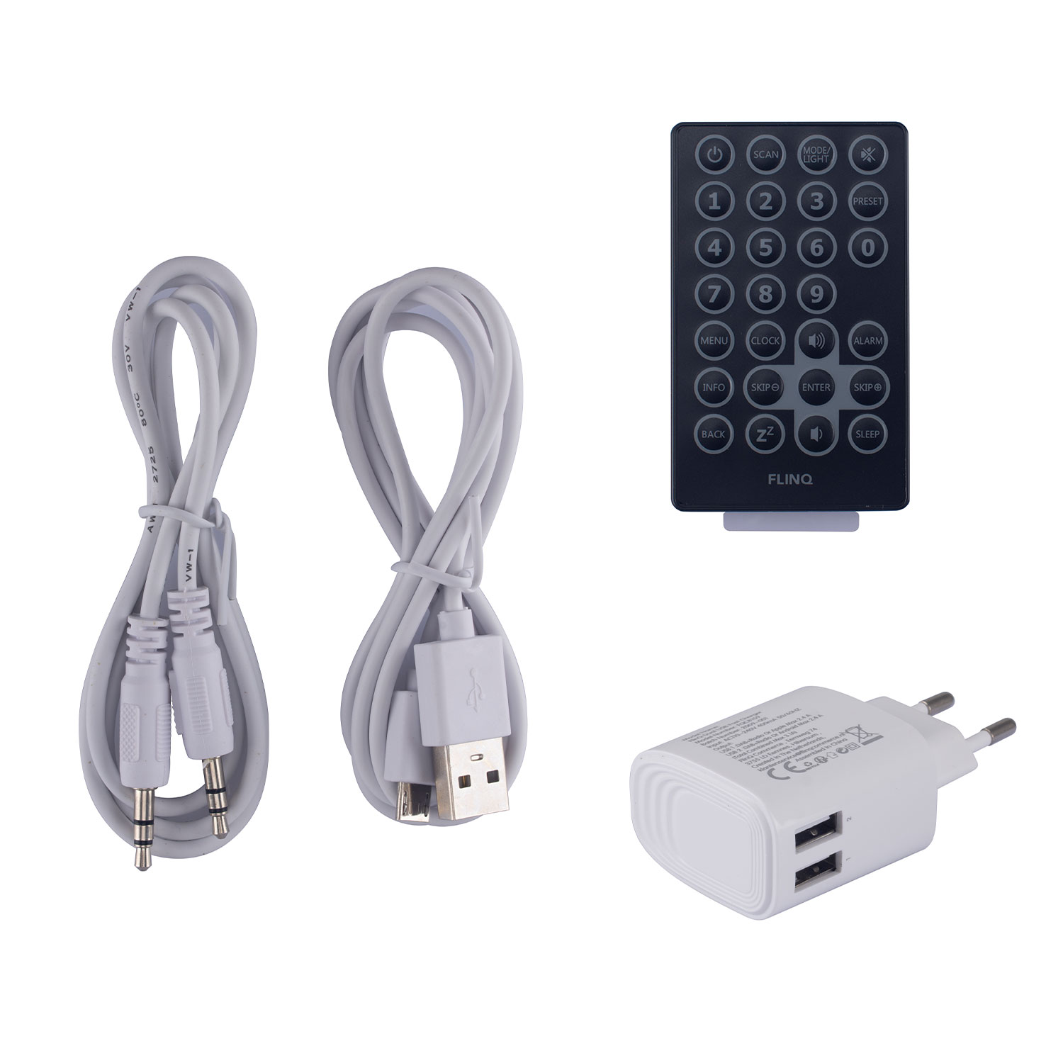 Accessories for a radio: remote control, cables, and a power adapter.