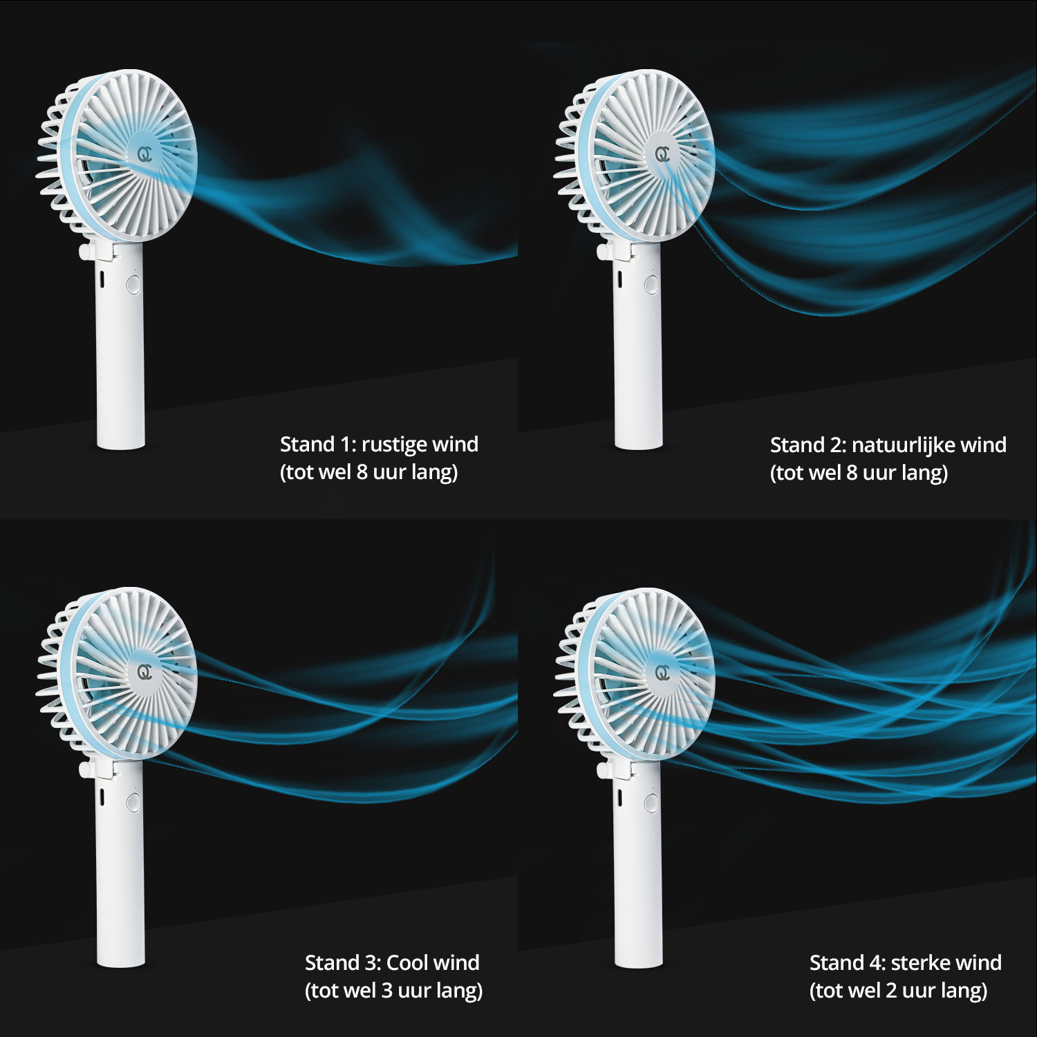 Four images of the portable fan with different wind settings.