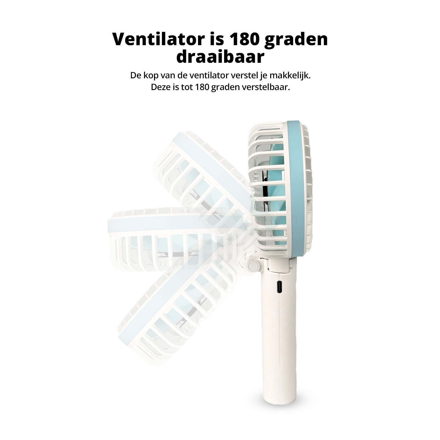 Portable fan head tilted at different angles, white background.