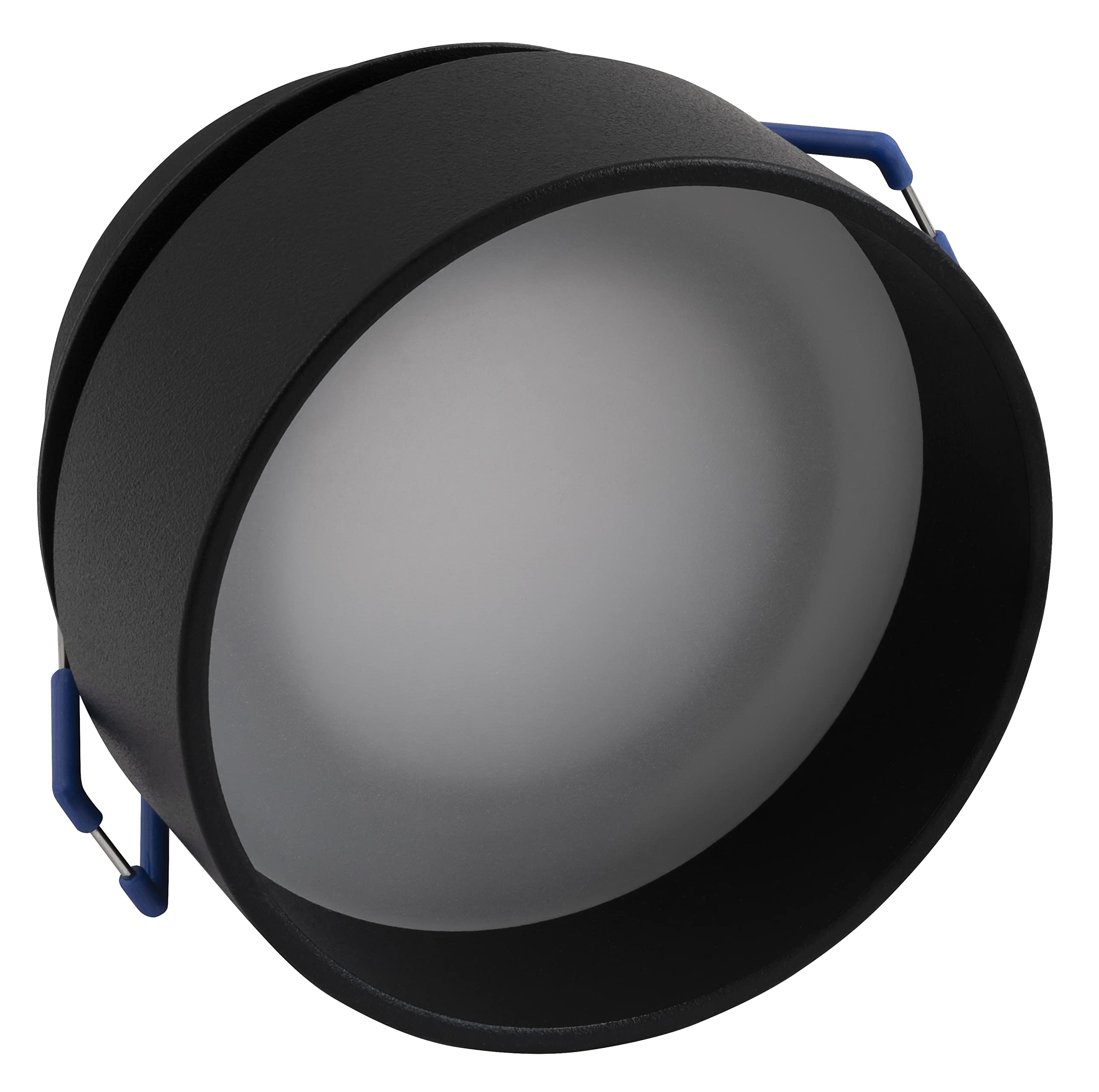 Eine schwarze Einbauleuchte mit einem weißen Innenring und blauen Befestigungsclips. Das Licht ist aus.
