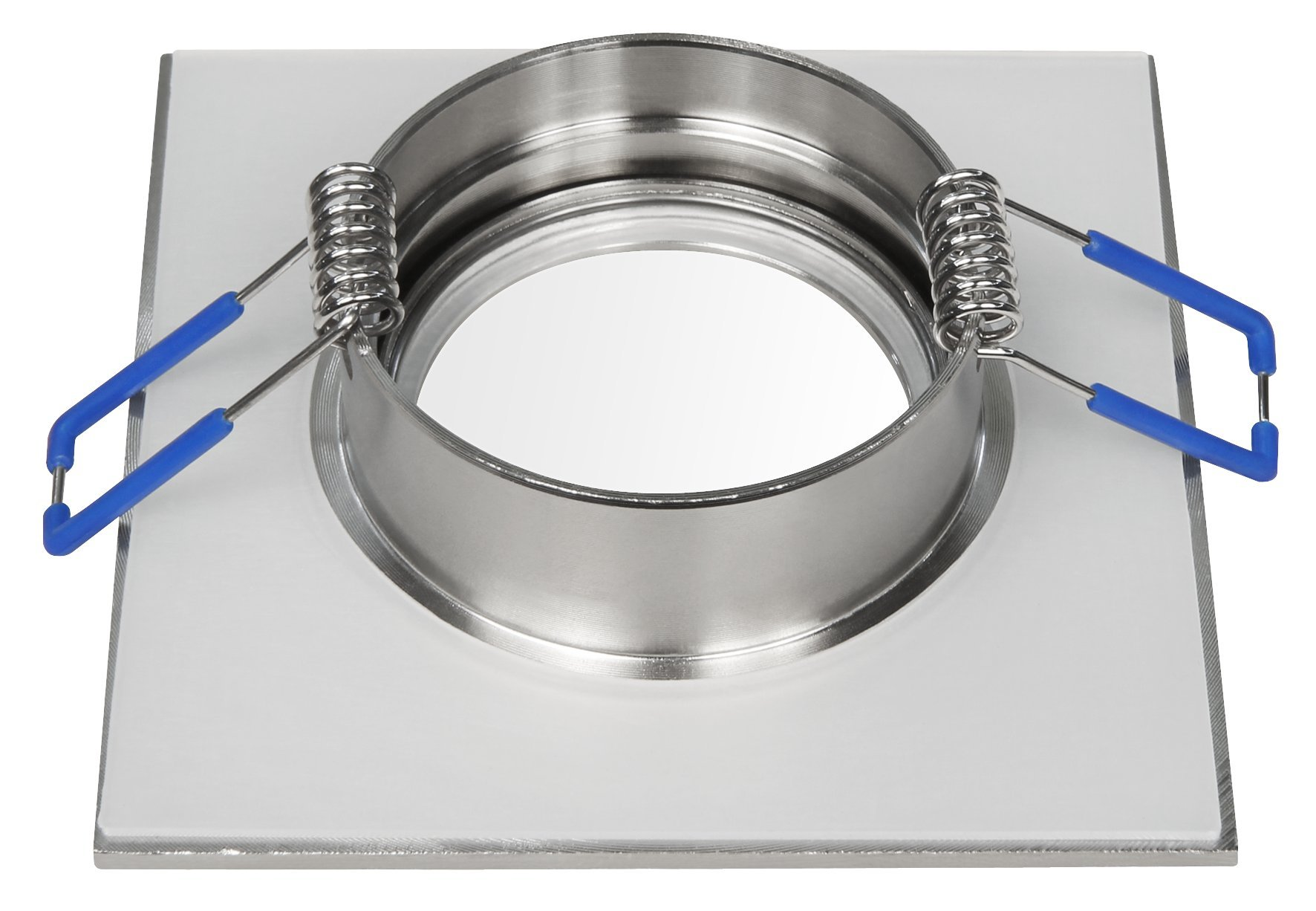 Eine quadratische Einbauleuchte mit kreisförmiger Öffnung, Metallring und blauen Federklammern.