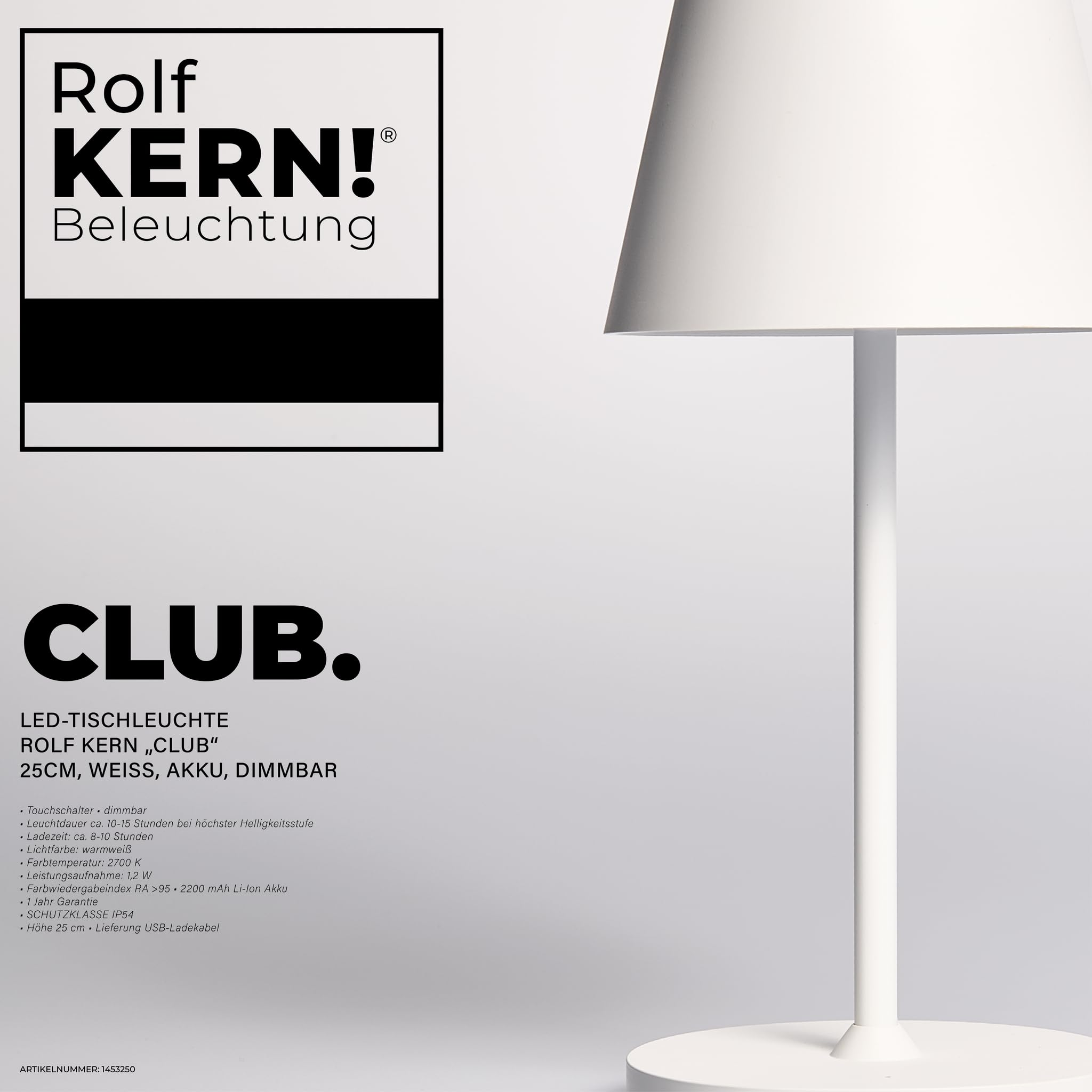 Weiße LED-Tischleuchte. Markenlogo und Produktdetails sichtbar.