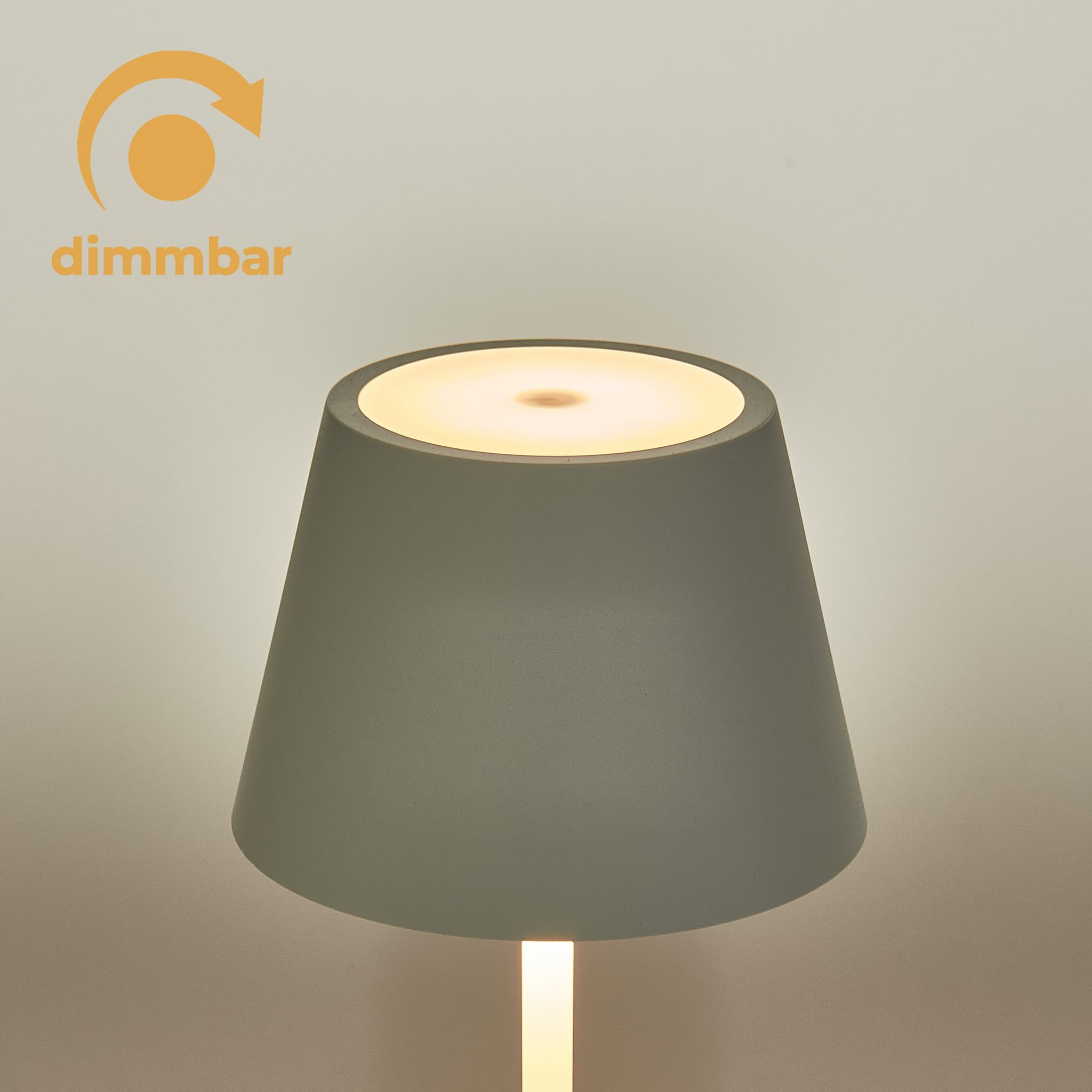 Graue dimmbare Lampe. Oberseite leuchtet, mit dem Wort dimmbar darüber.