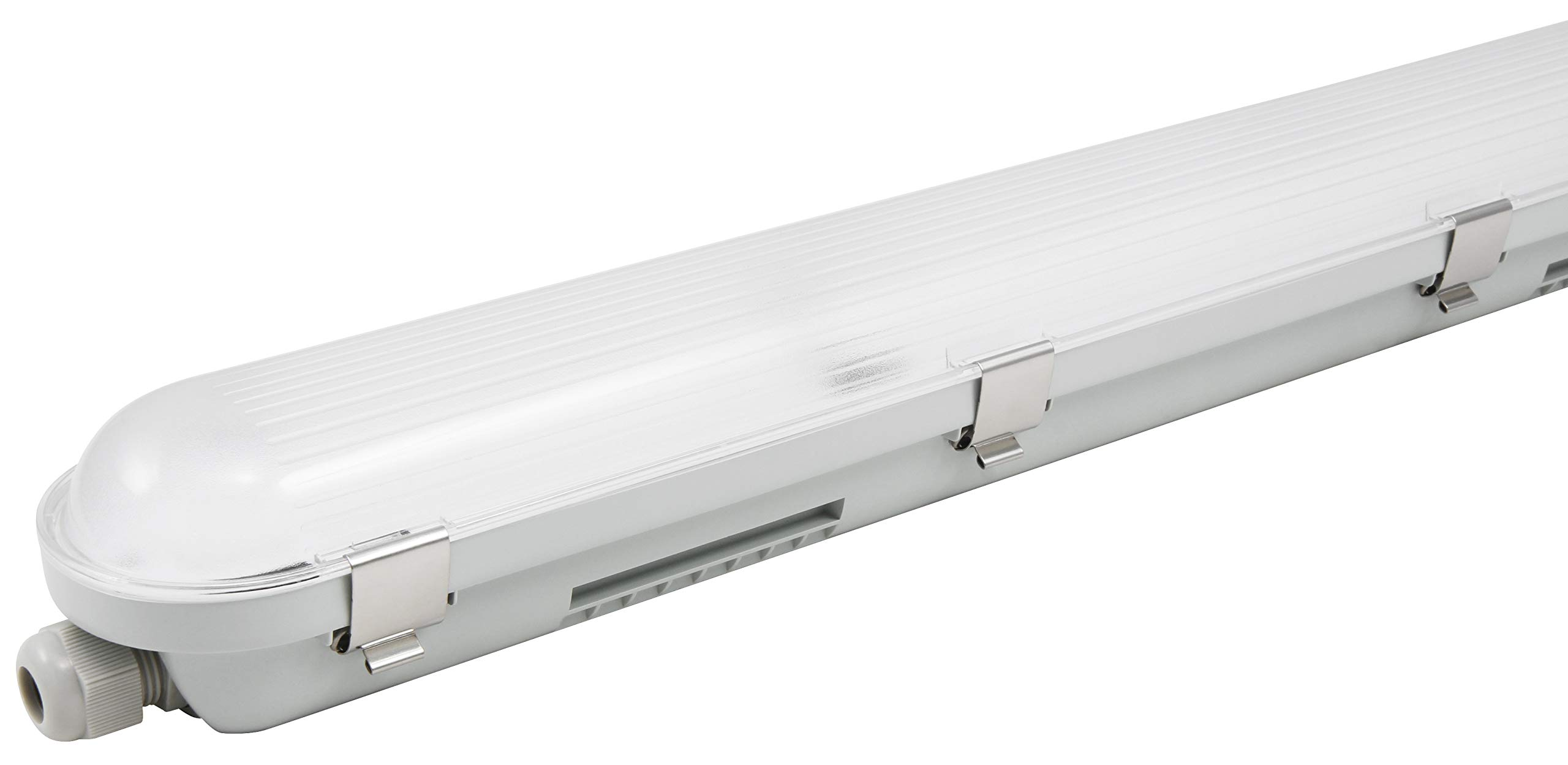 Weiße, rechteckige LED-Leuchte mit Clips. Die Leuchte ist weiß mit einer klaren Abdeckung.