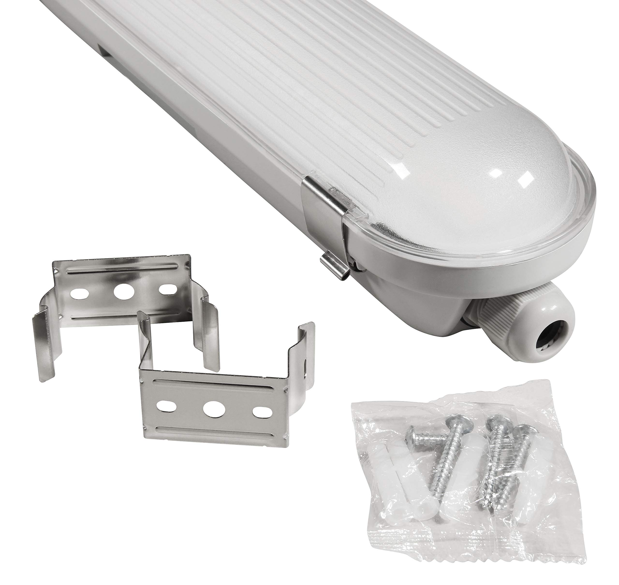 Lange, weiße LED-Lampe mit Halterungen und Schrauben. Graue Oberfläche.