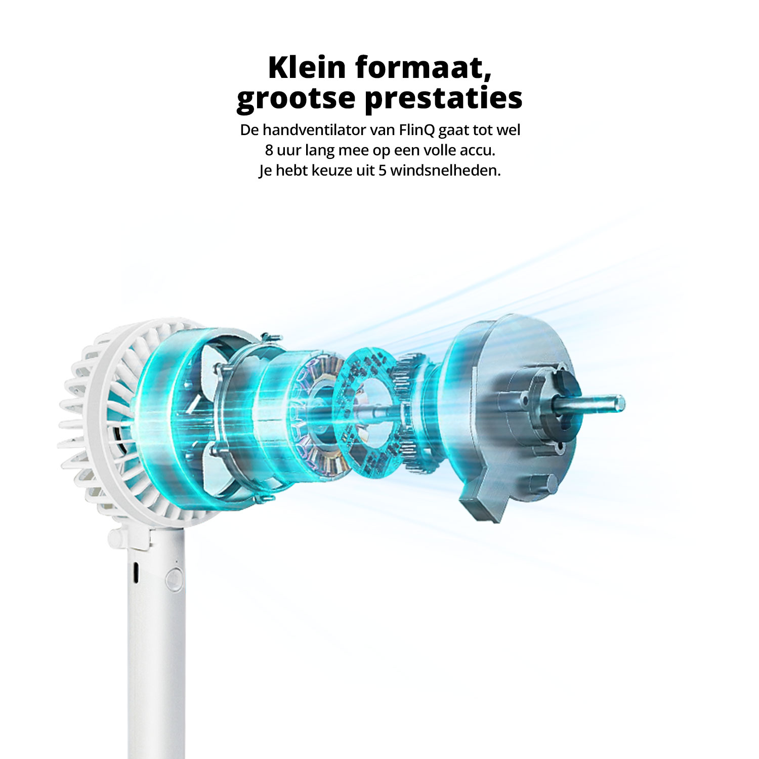 Les composants internes d'un ventilateur portable sont affichés, montrant le moteur et les pales du ventilateur à l'intérieur d'un boîtier blanc.
