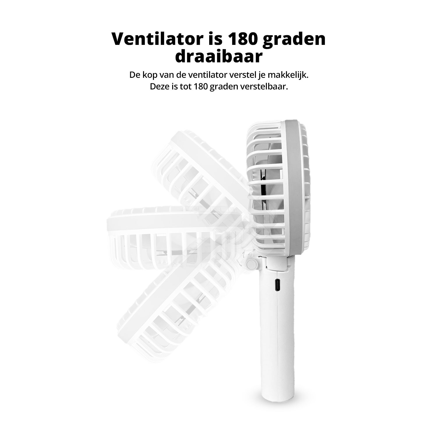Un ventilateur portable blanc, avec sa tête dans trois positions différentes.