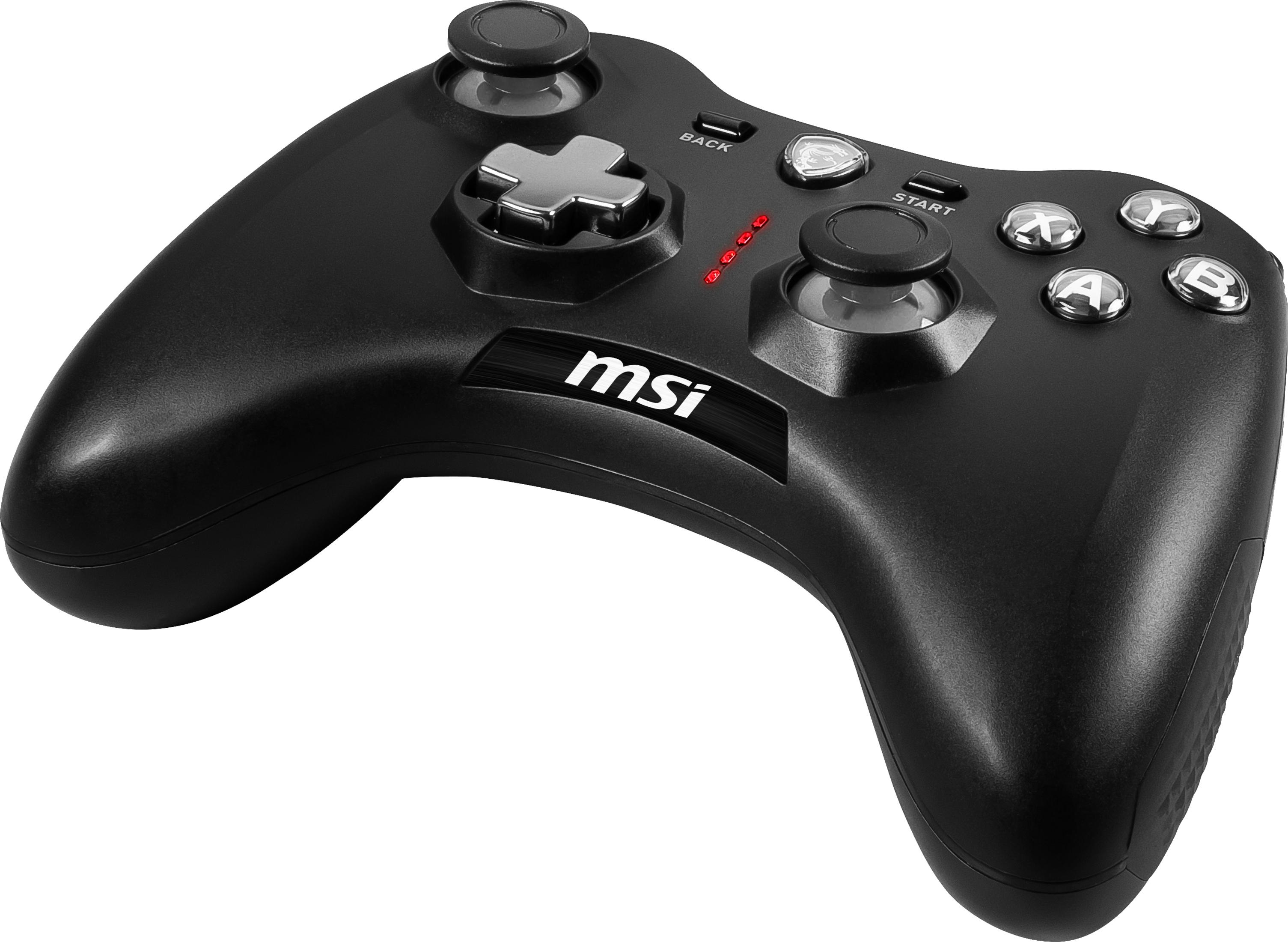 Czarny kontroler do gier MSI z przyciskami i joystickiem.