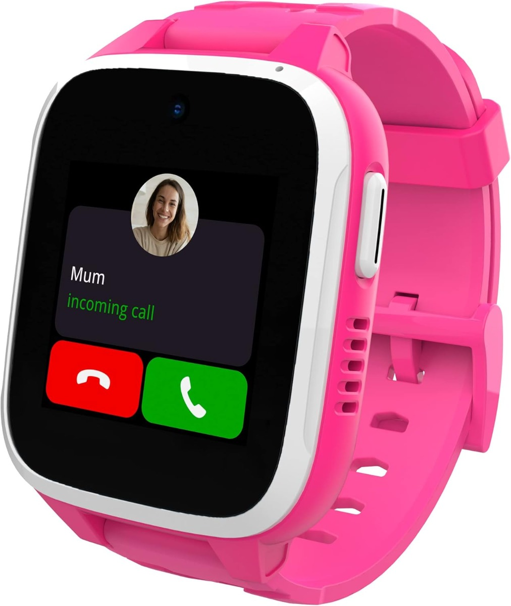 Smartwatch rosa con schermo che mostra una chiamata in arrivo da 'Mamma'. Pulsanti accetta/rifiuta chiamata.
