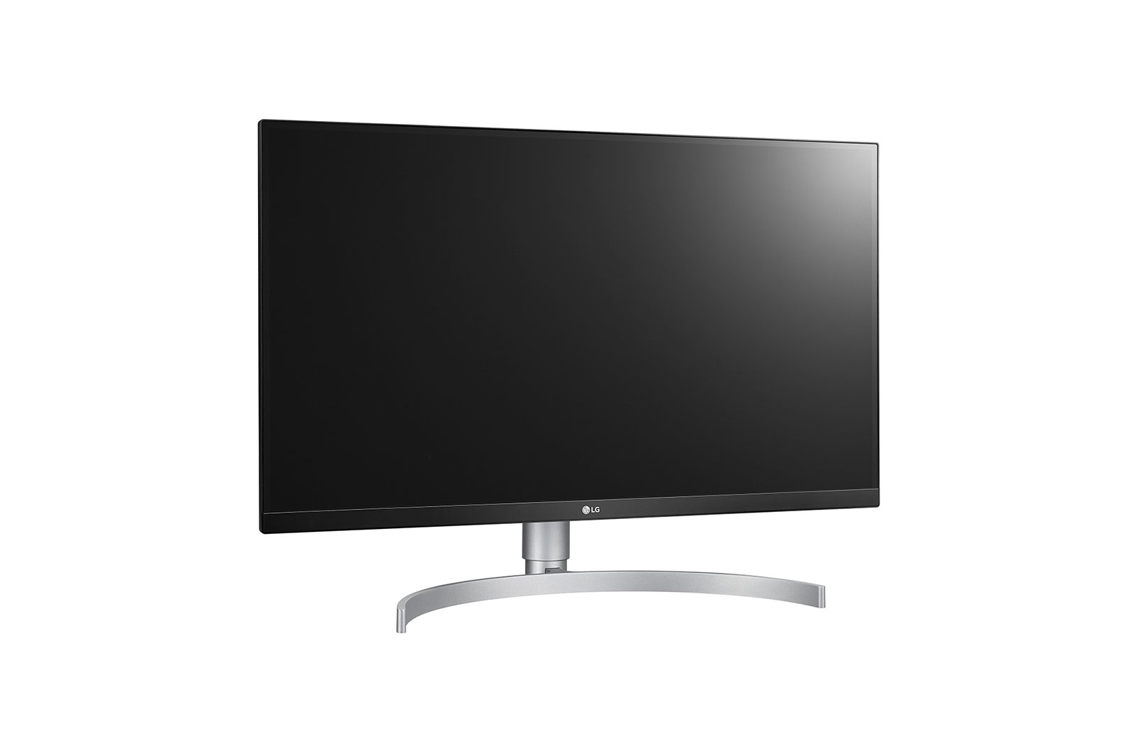 Un grande monitor per computer nero con una base curva argentata, su sfondo bianco.