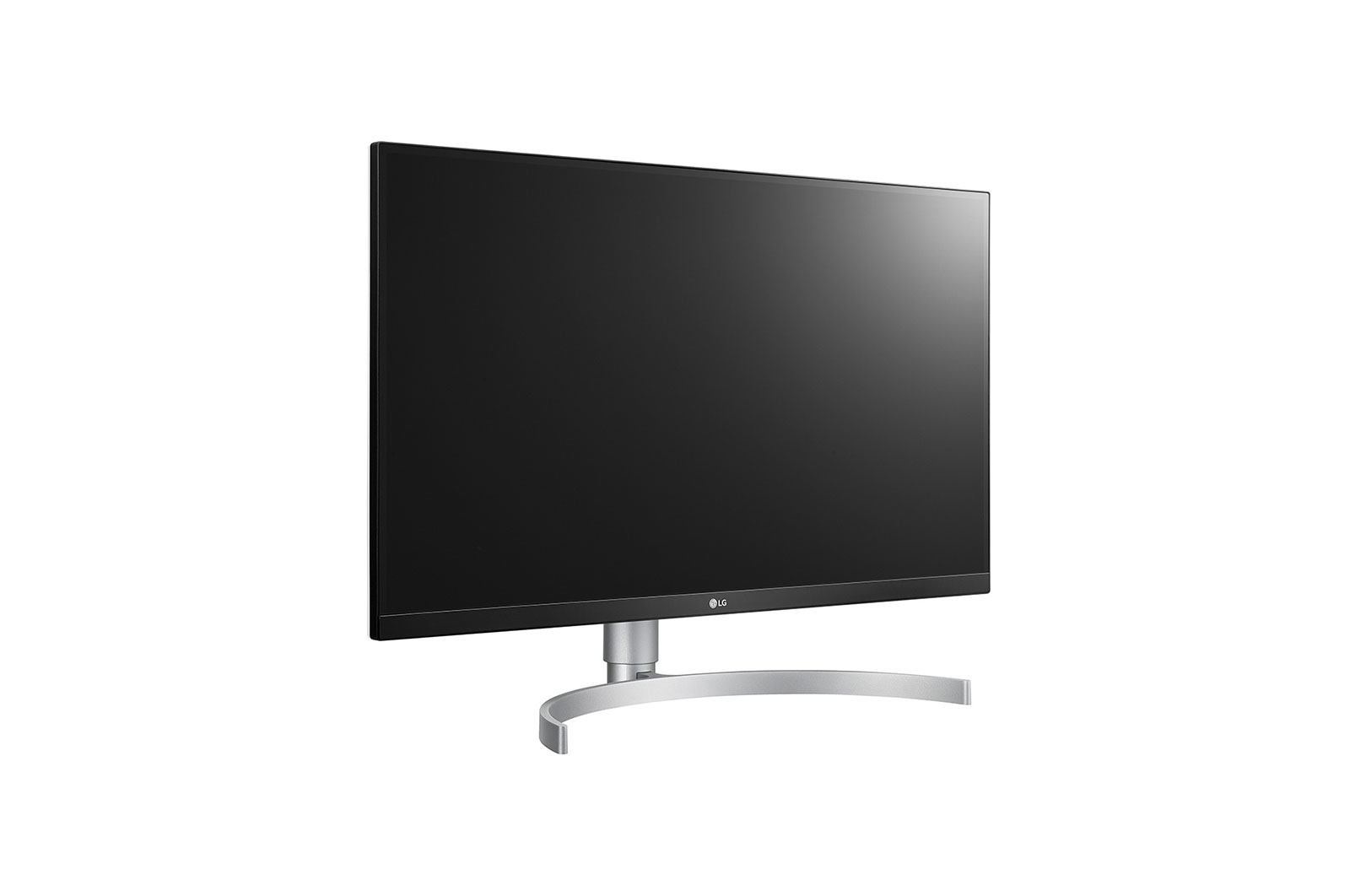 Monitor LG con schermo nero. Il supporto è argentato e curvo.