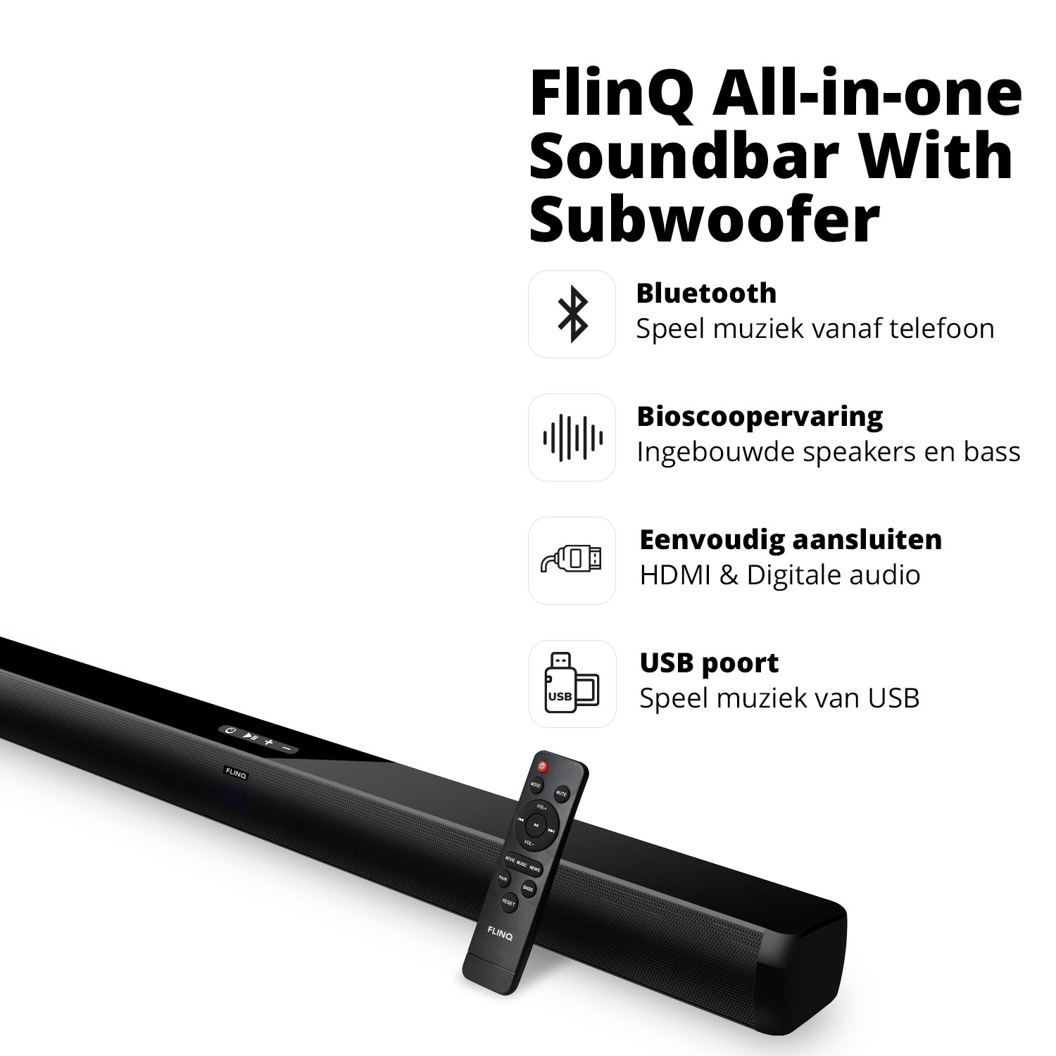 The image displays a black FlinQ soundbar with subwoofer and its features listed.