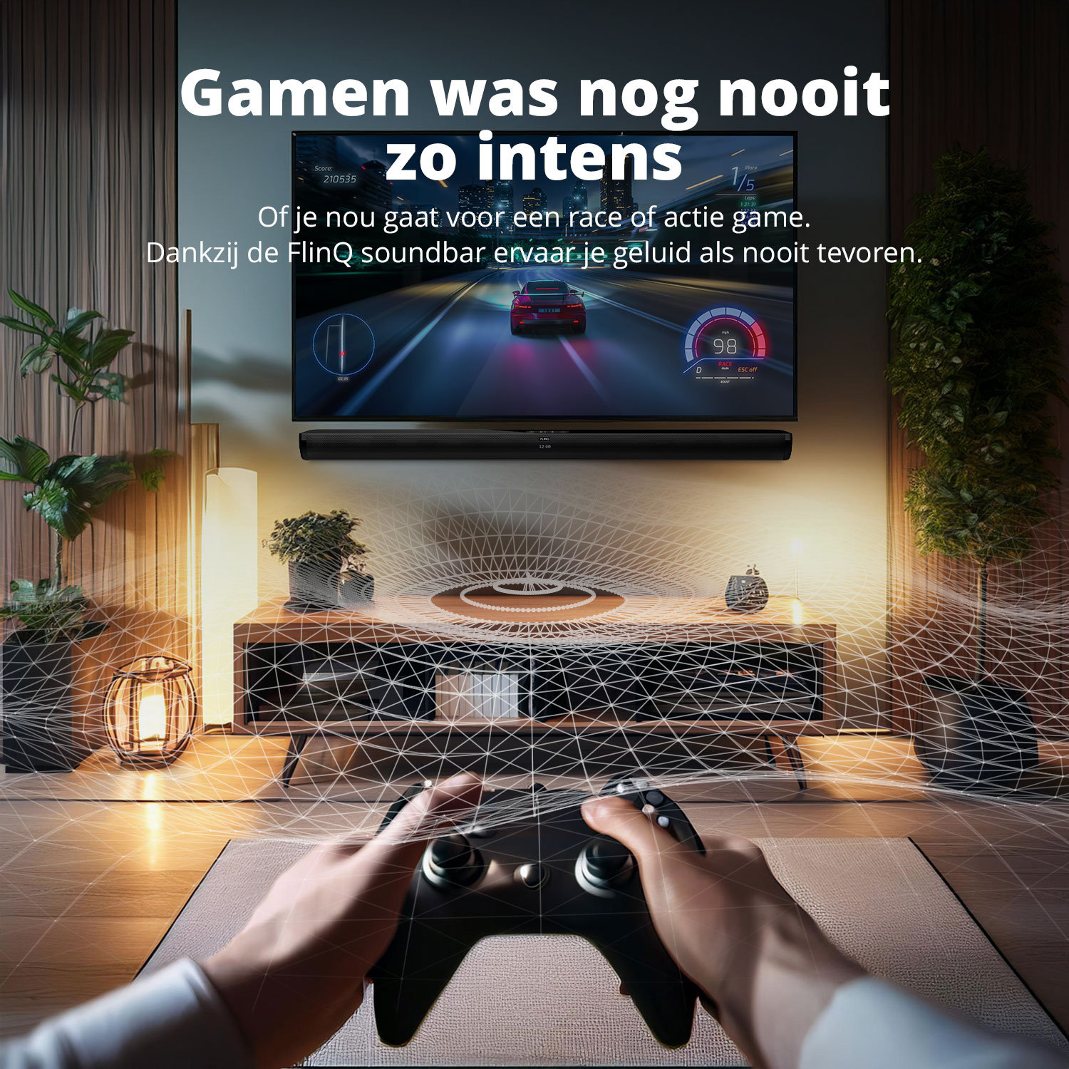 A person plays a racing game in a living room with a FlinQ soundbar under the TV.