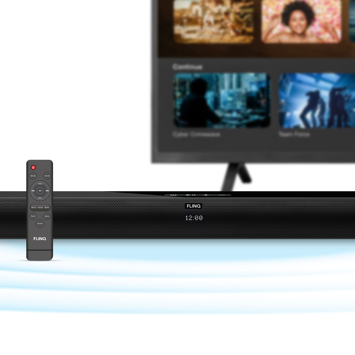 The image shows a black FlinQ soundbar with a remote control, set against a white background.