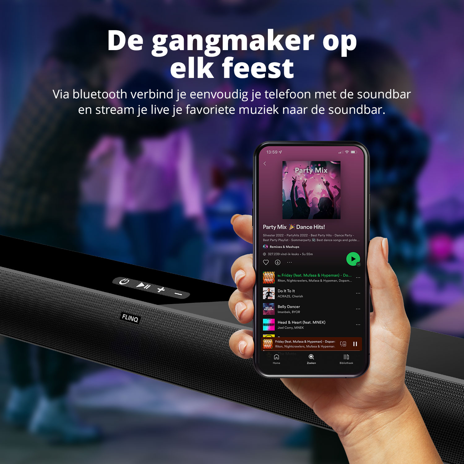 A person holds a phone showing a music app and a soundbar.