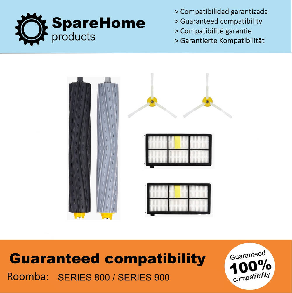 Productos SpareHome, con accesorios Roomba: cepillos y filtros. Fondo blanco.