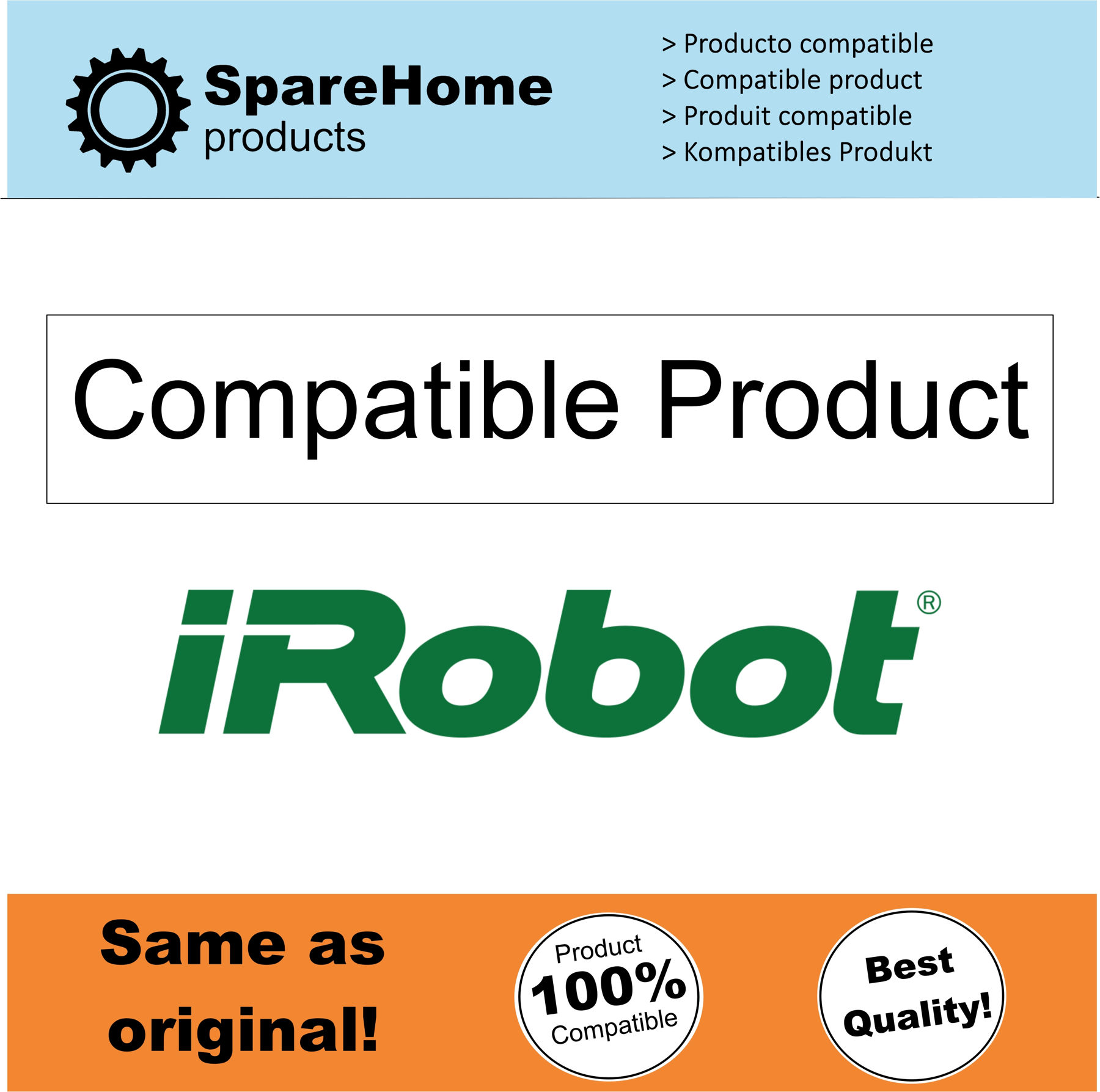 Una imagen con el logotipo y texto de SpareHome products, también un logotipo y texto de iRobot.
