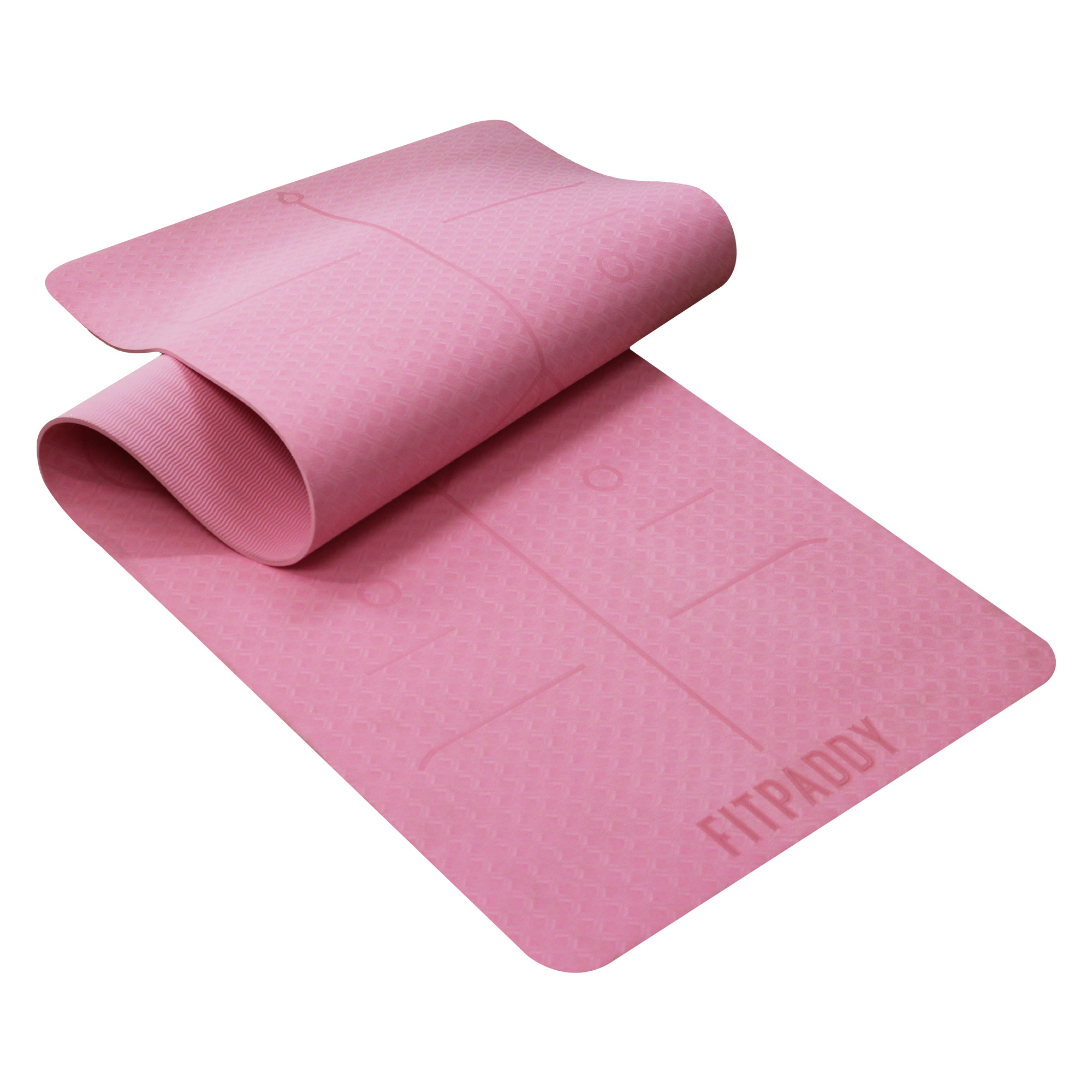 Un tappetino yoga FitPaddy rosa arrotolato, su una superficie bianca.