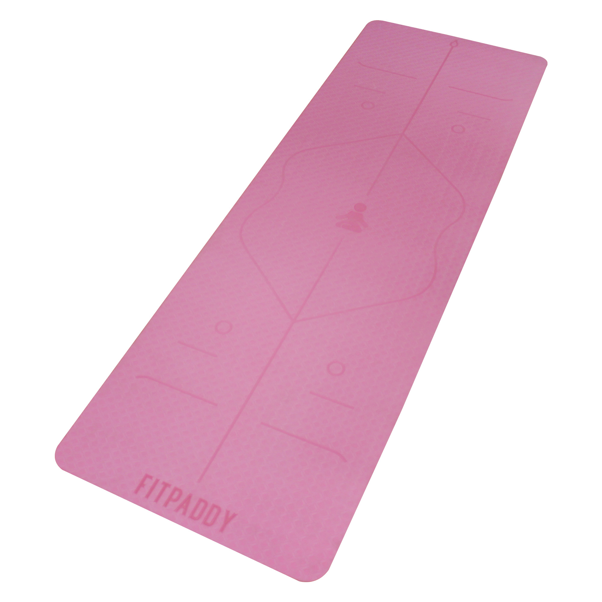 Tappetino yoga rosa con guide di allineamento stampate, sfondo bianco.