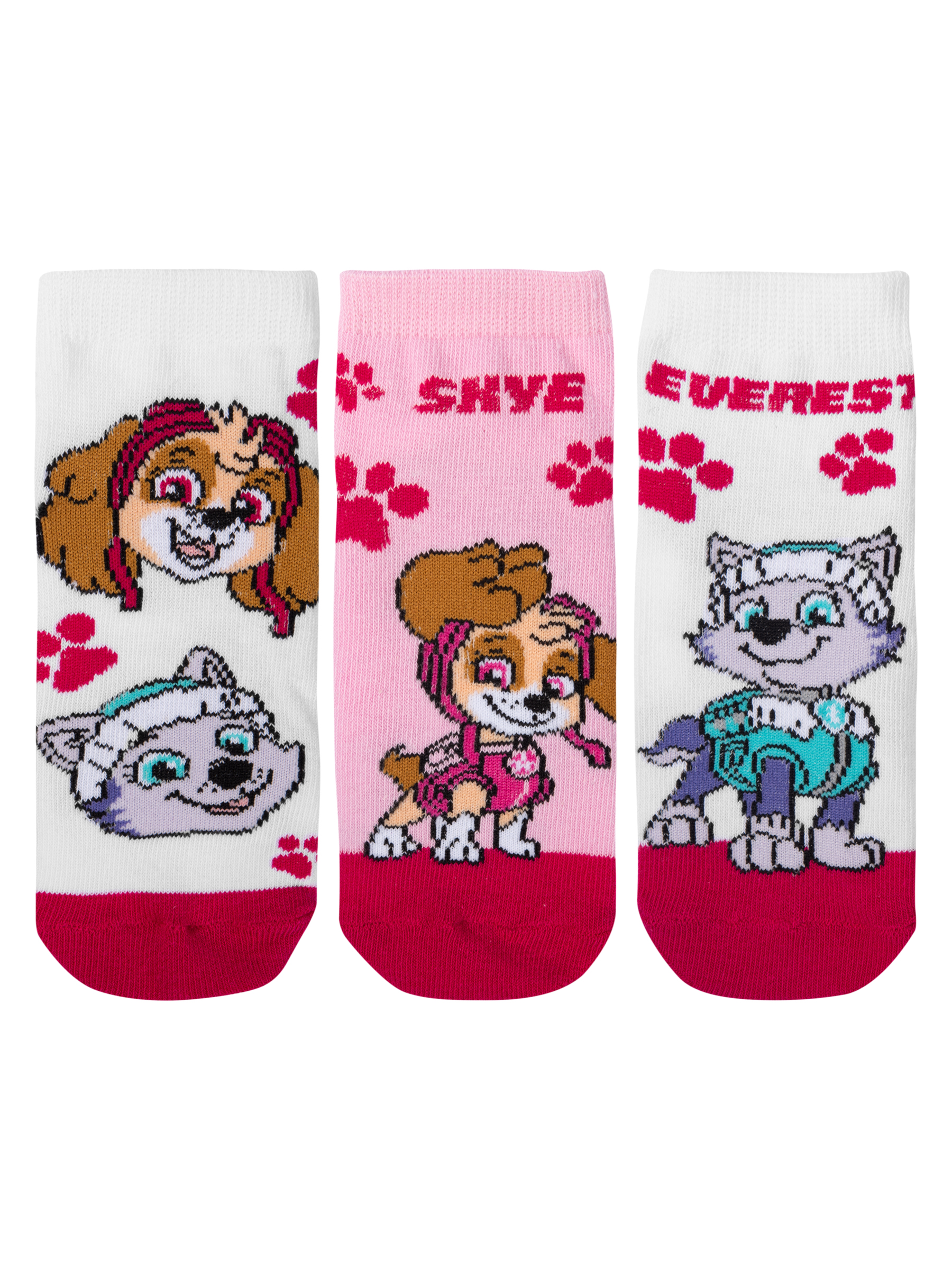 Drei Paar Paw Patrol Socken. Jedes Paar hat einen anderen Charakter. Weiße, rosa und rote Akzente.
