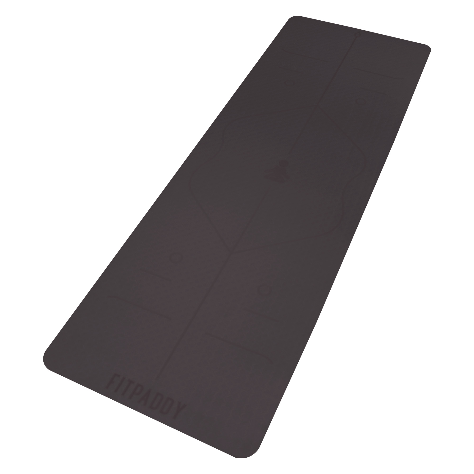 Tappetino yoga grigio scuro con logo FITPADDY in basso. Linee disegnate sul tappetino.