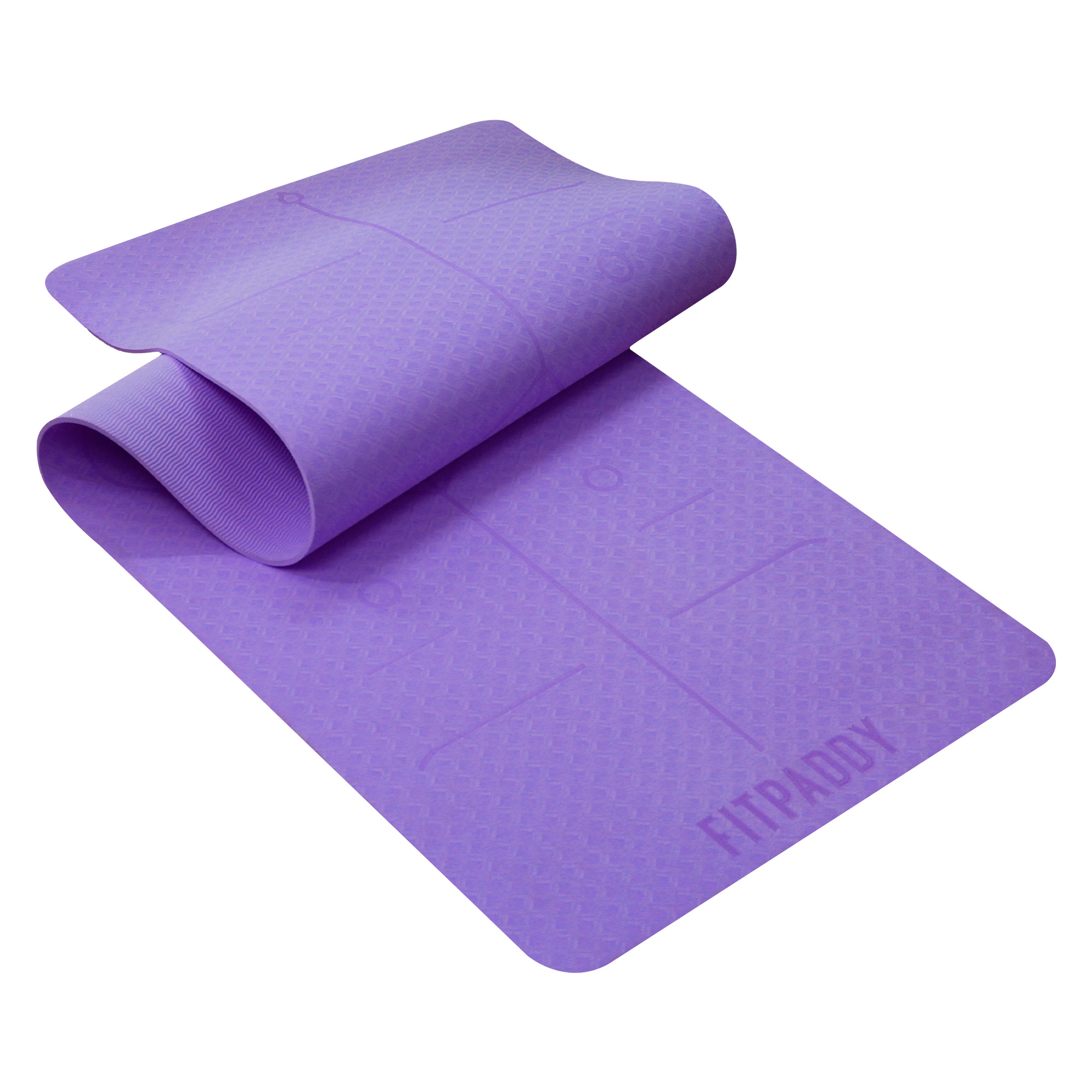 Esterilla de yoga morada enrollada, con la marca 'FITPADDY' visible en la superficie.
