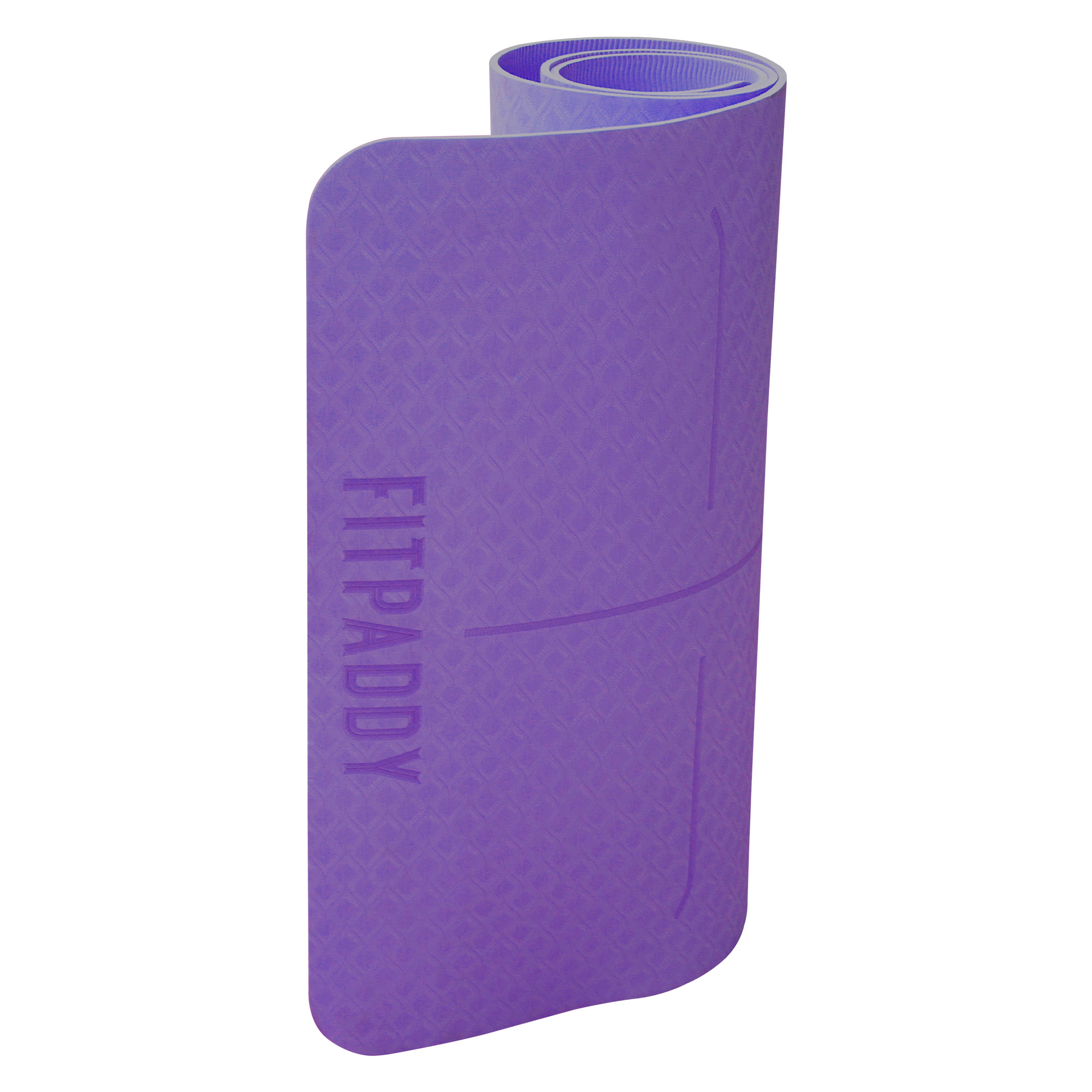 Esterilla de yoga morada enrollada, con fondo blanco.