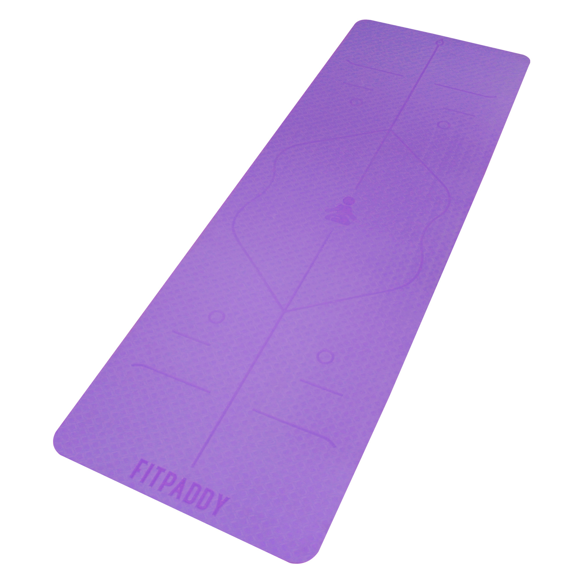 Una esterilla de yoga morada sobre fondo blanco. Tiene líneas y un icono de persona.