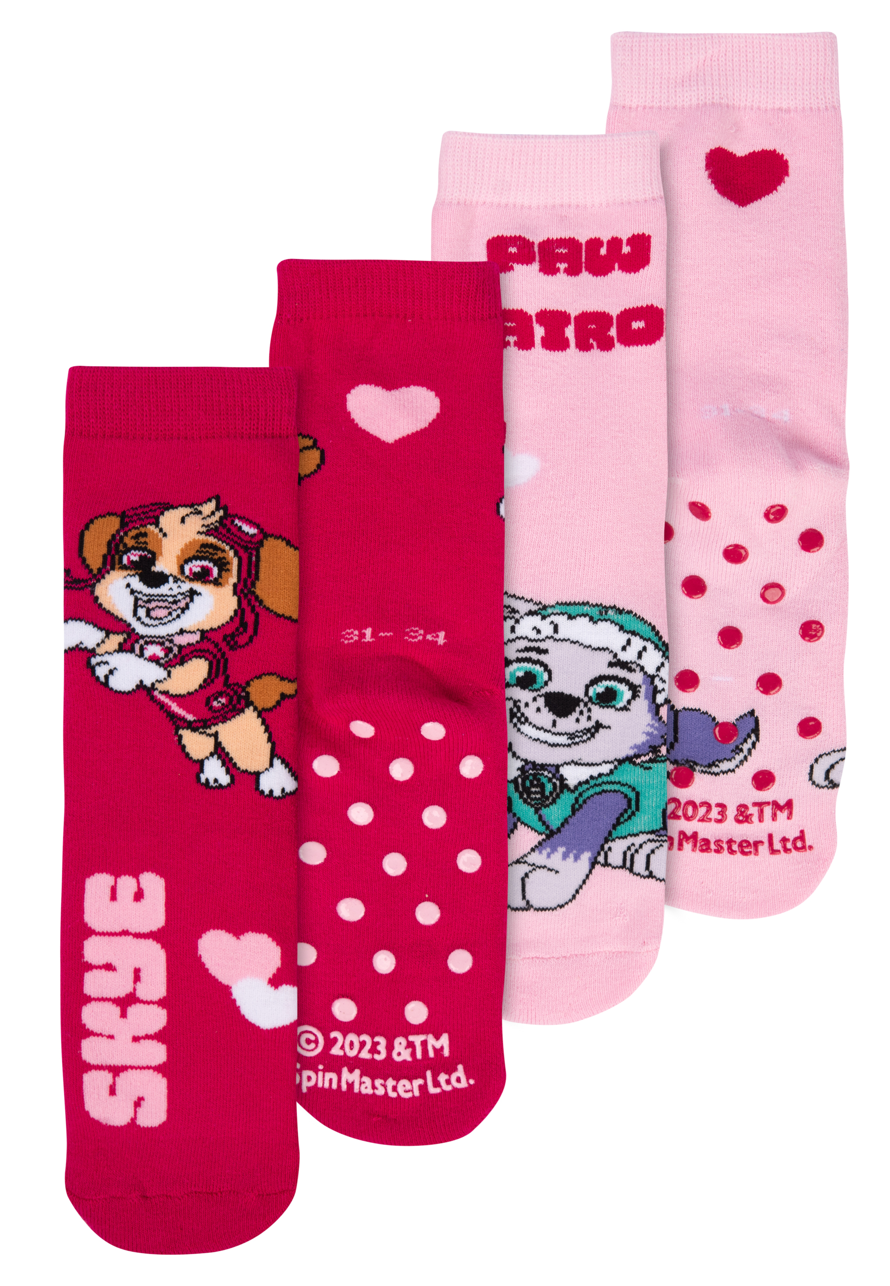 Vier Paar Kindersocken mit Paw Patrol-Figuren auf weißem Hintergrund.
