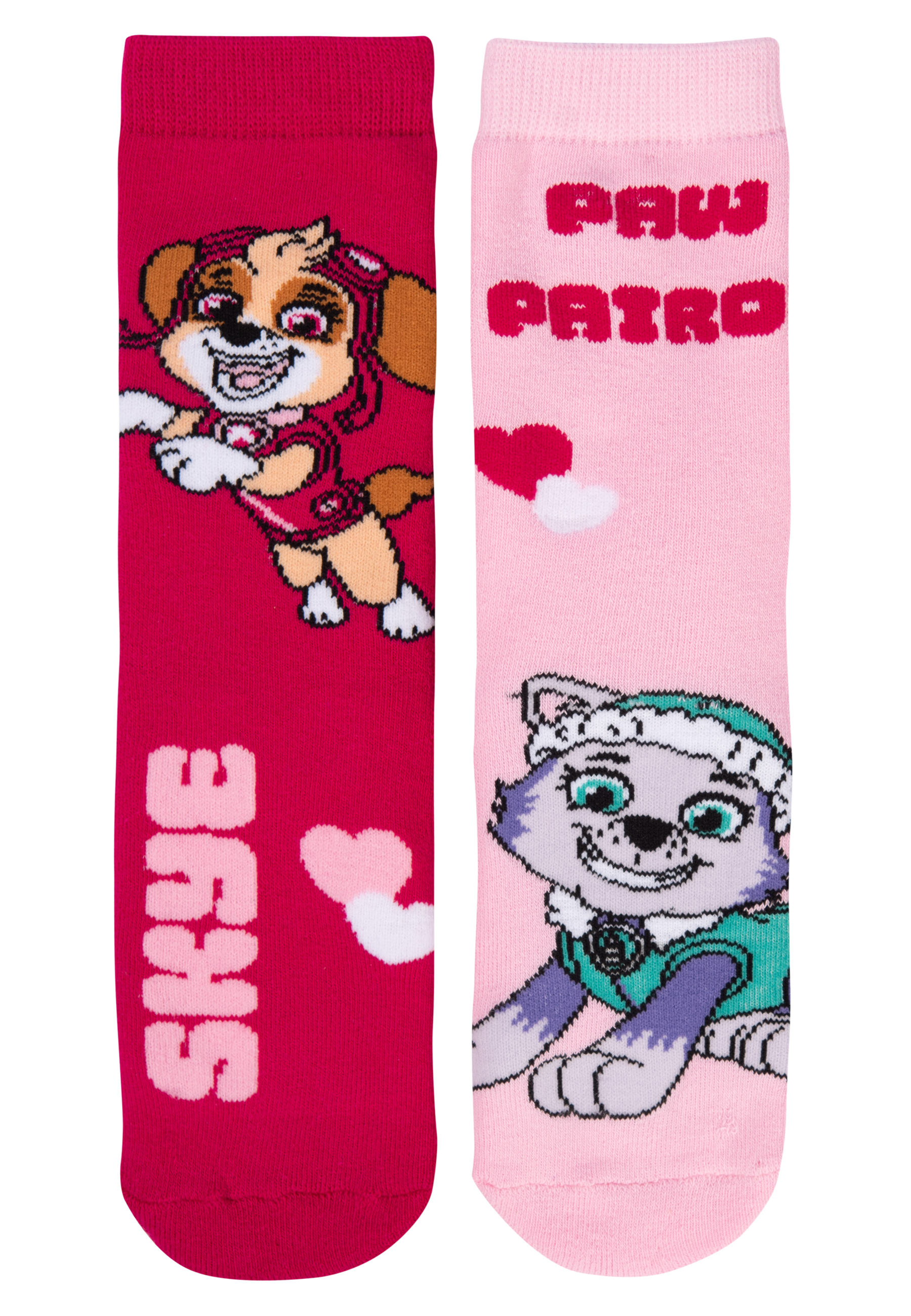 Zwei Socken: eine rote mit Skye, die andere rosa mit Everest, beide Paw Patrol.
