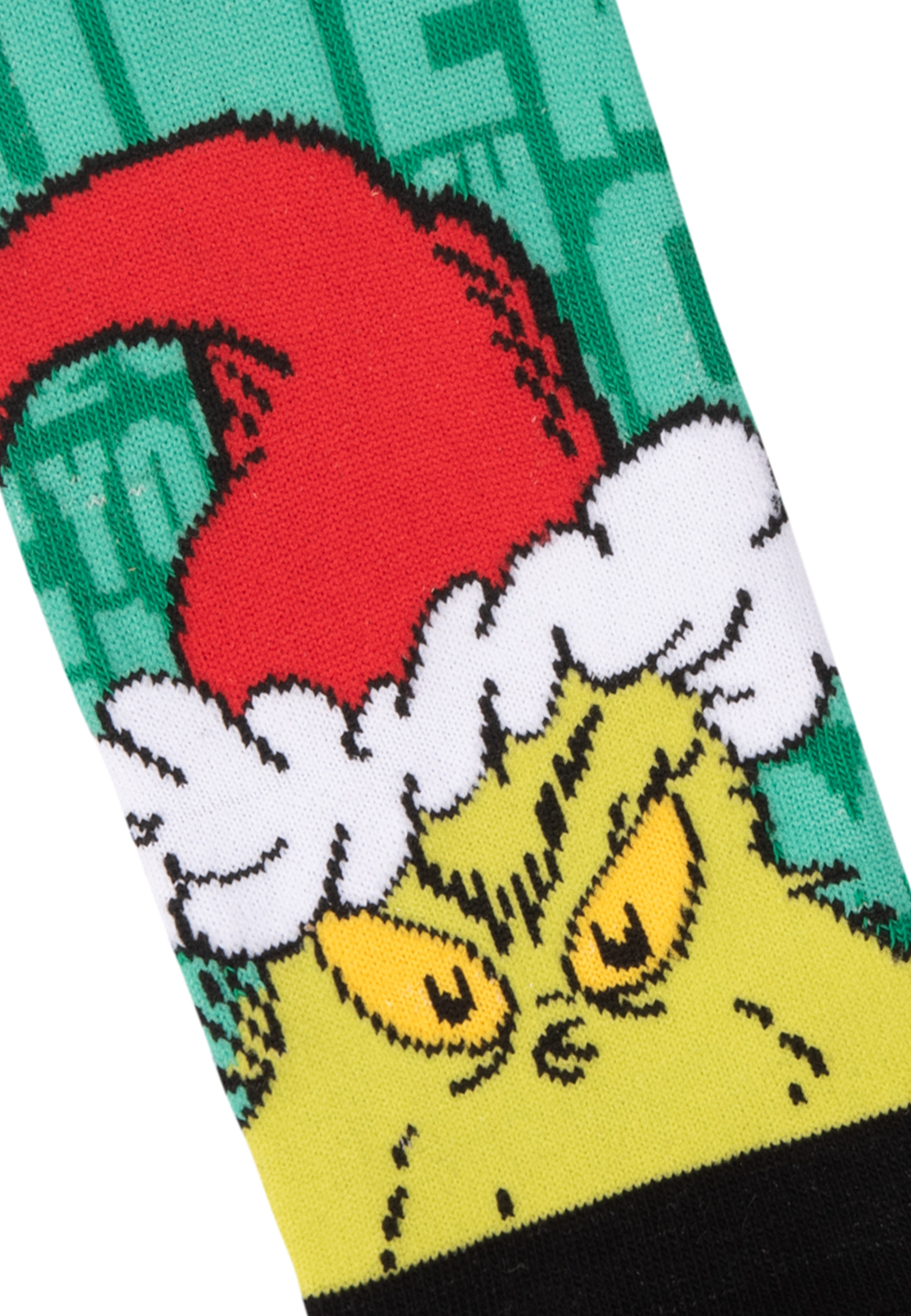 Grüner Grinch-Strumpf mit rotem Hut und wütendem Gesicht.