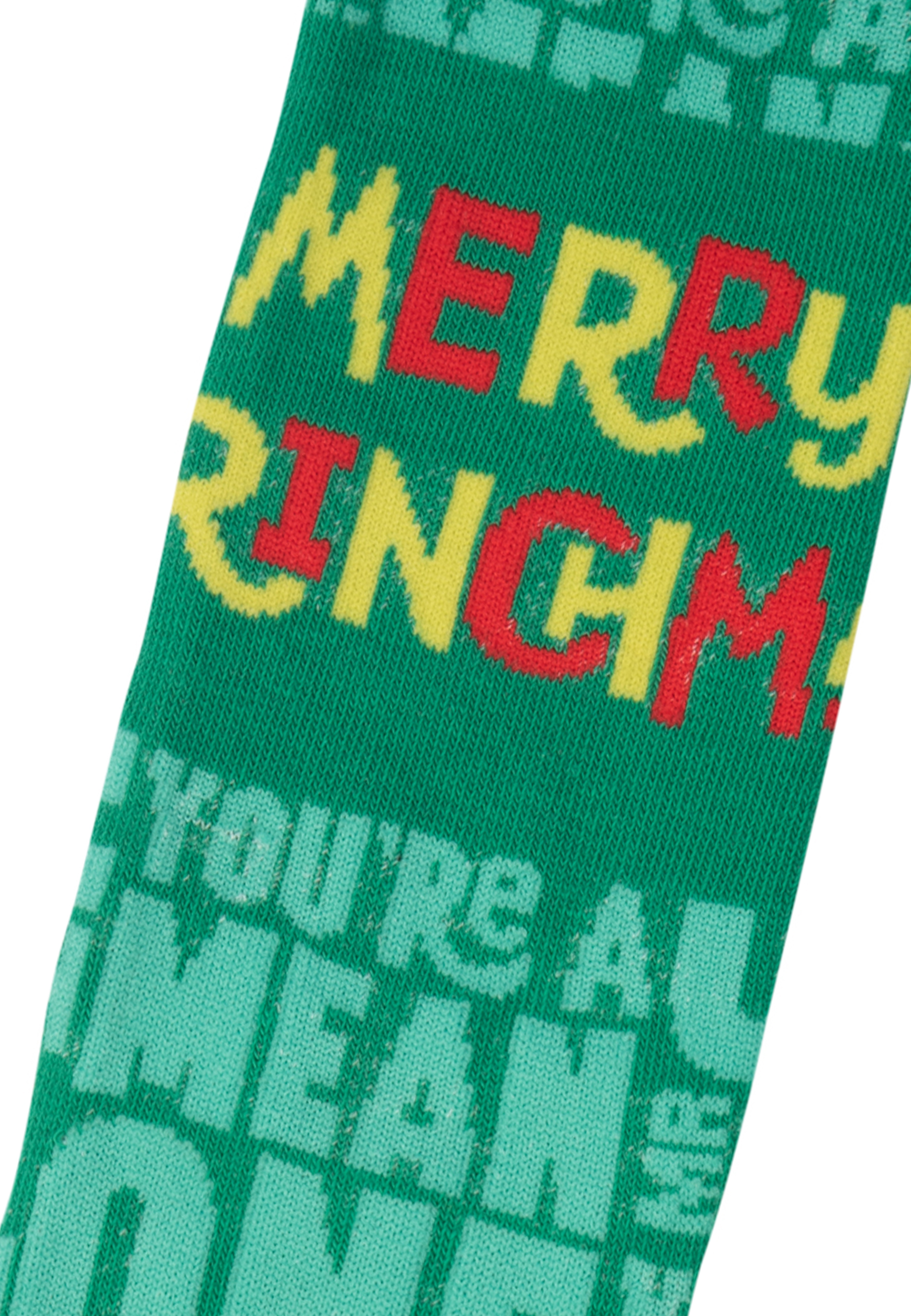 Eine grüne Socke mit den Worten 'MERRY GRINCH!' und 'YOU'RE A MEAN ONE'.
