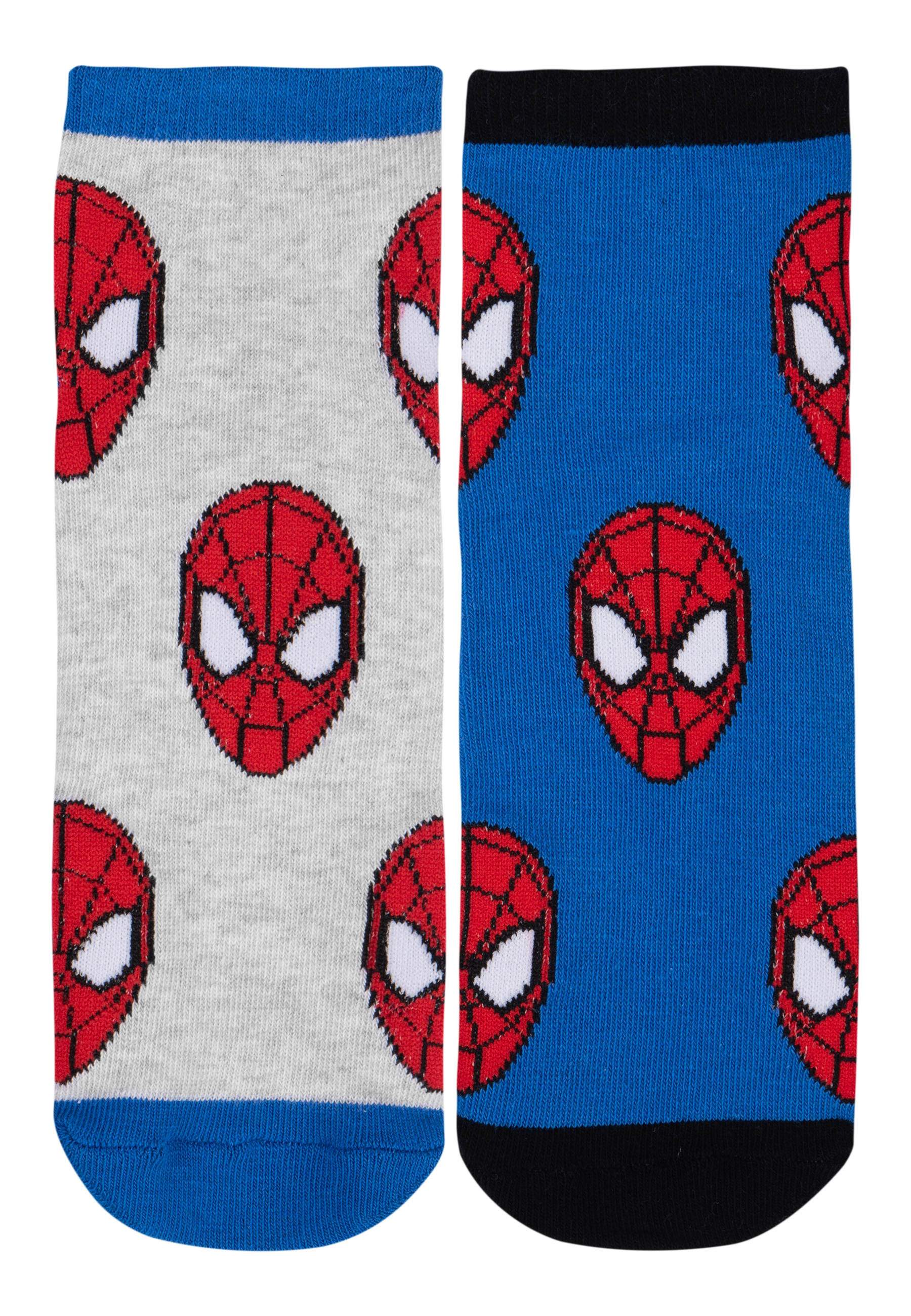 Zwei Socken, eine graue mit Spider-Man-Gesichtern, die andere blaue mit demselben Design.