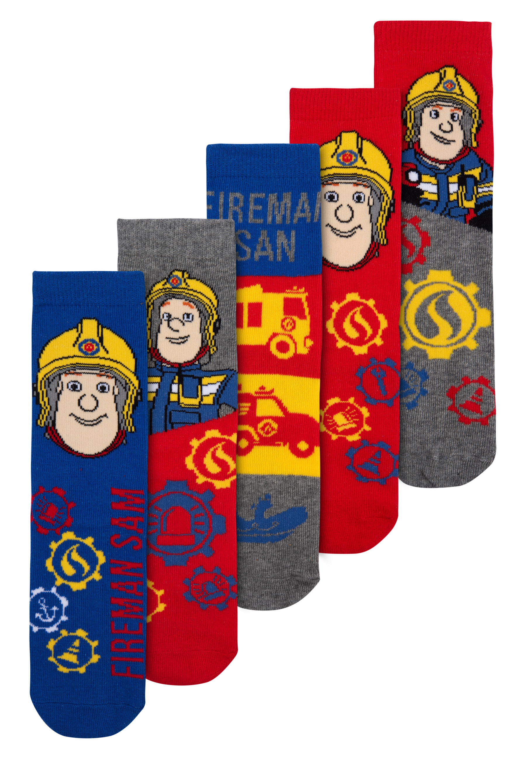 Fünf Socken mit Feuerwehrmann Sam-Figuren und zugehörigen Symbolen. Zu den Farben gehören Blau, Rot, Grau und Gelb, mit Illustrationen.
