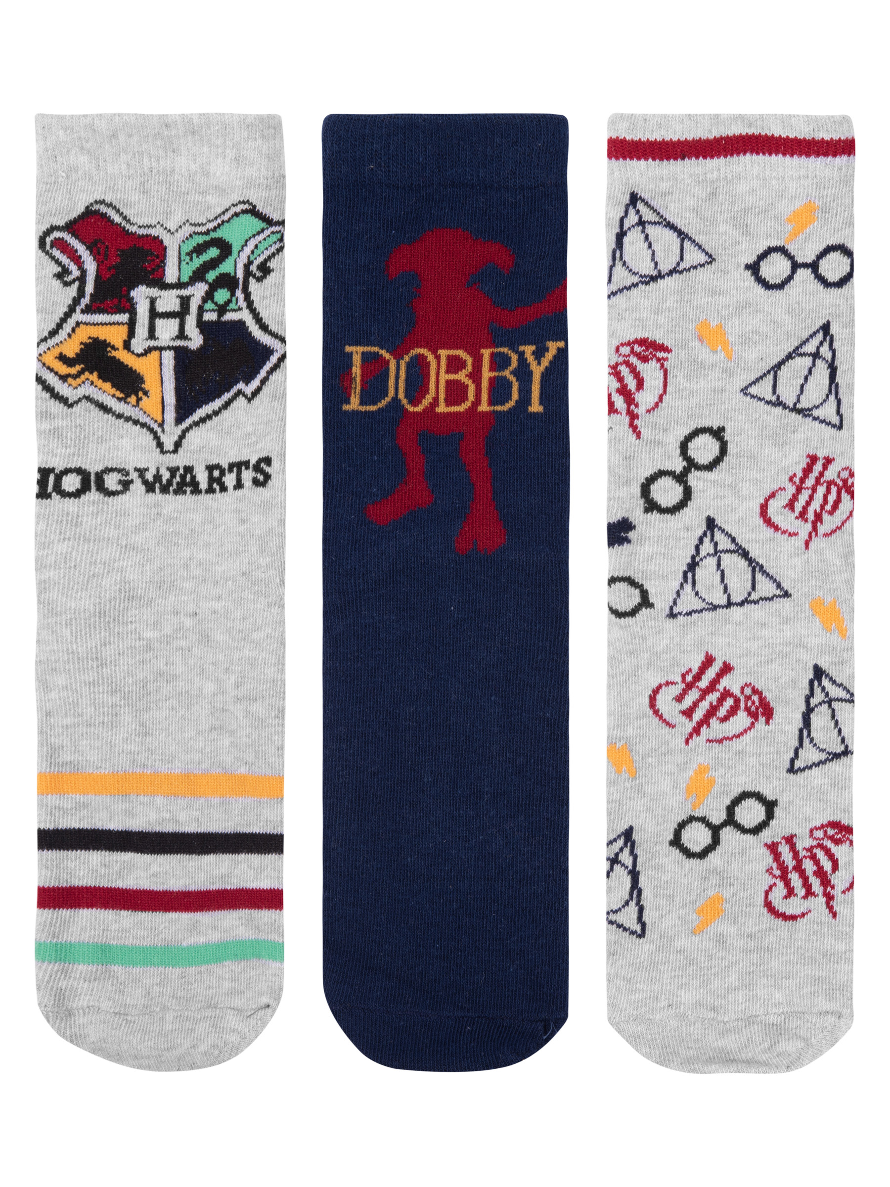 Drei Paar Harry Potter Socken: Hogwarts, Dobby und ein Muster mit Symbolen.